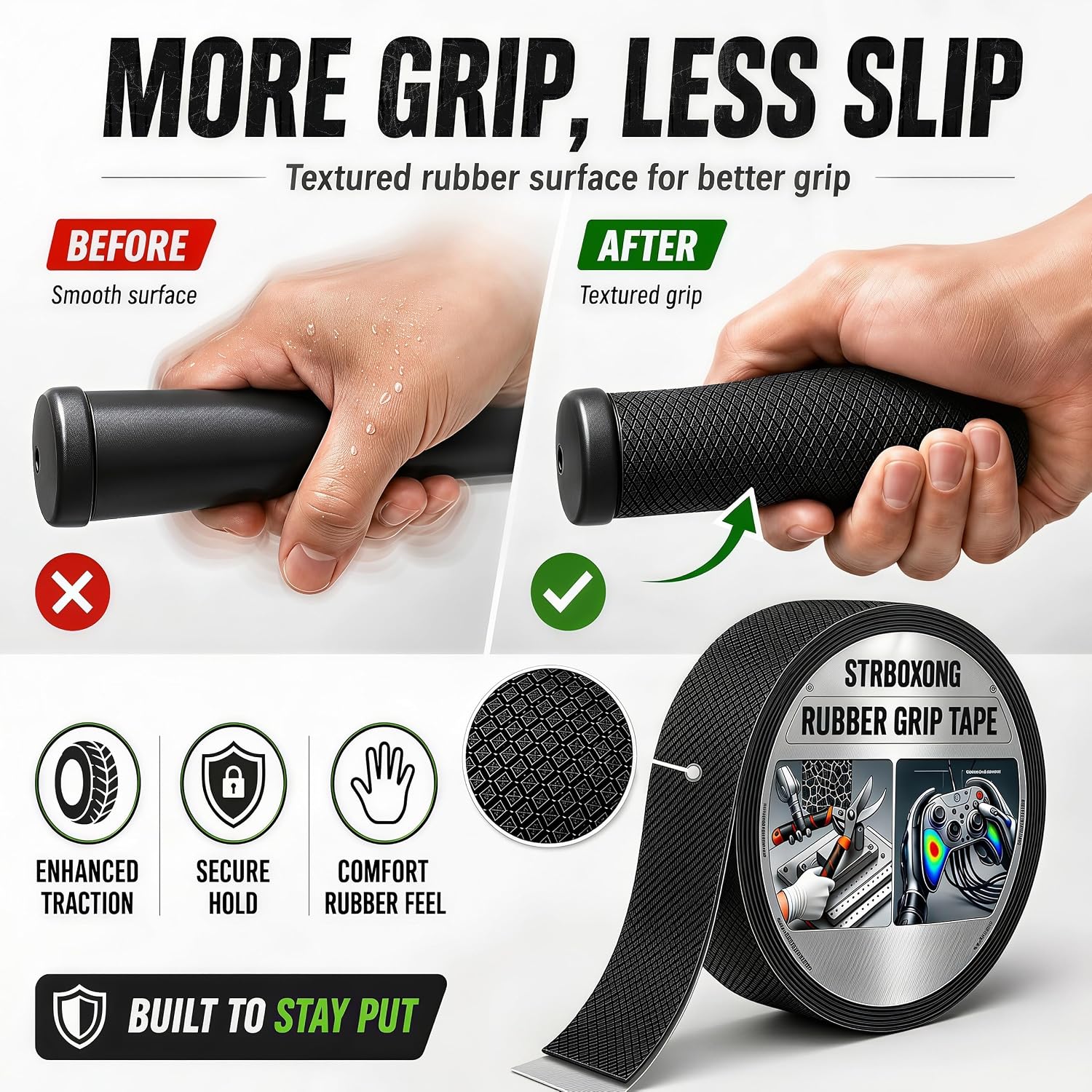 Detalle de STRBOXONG STRBOXONG-Rubber Grip Tape, 25 mm x 3 m Non-Slip Adhesive Tape