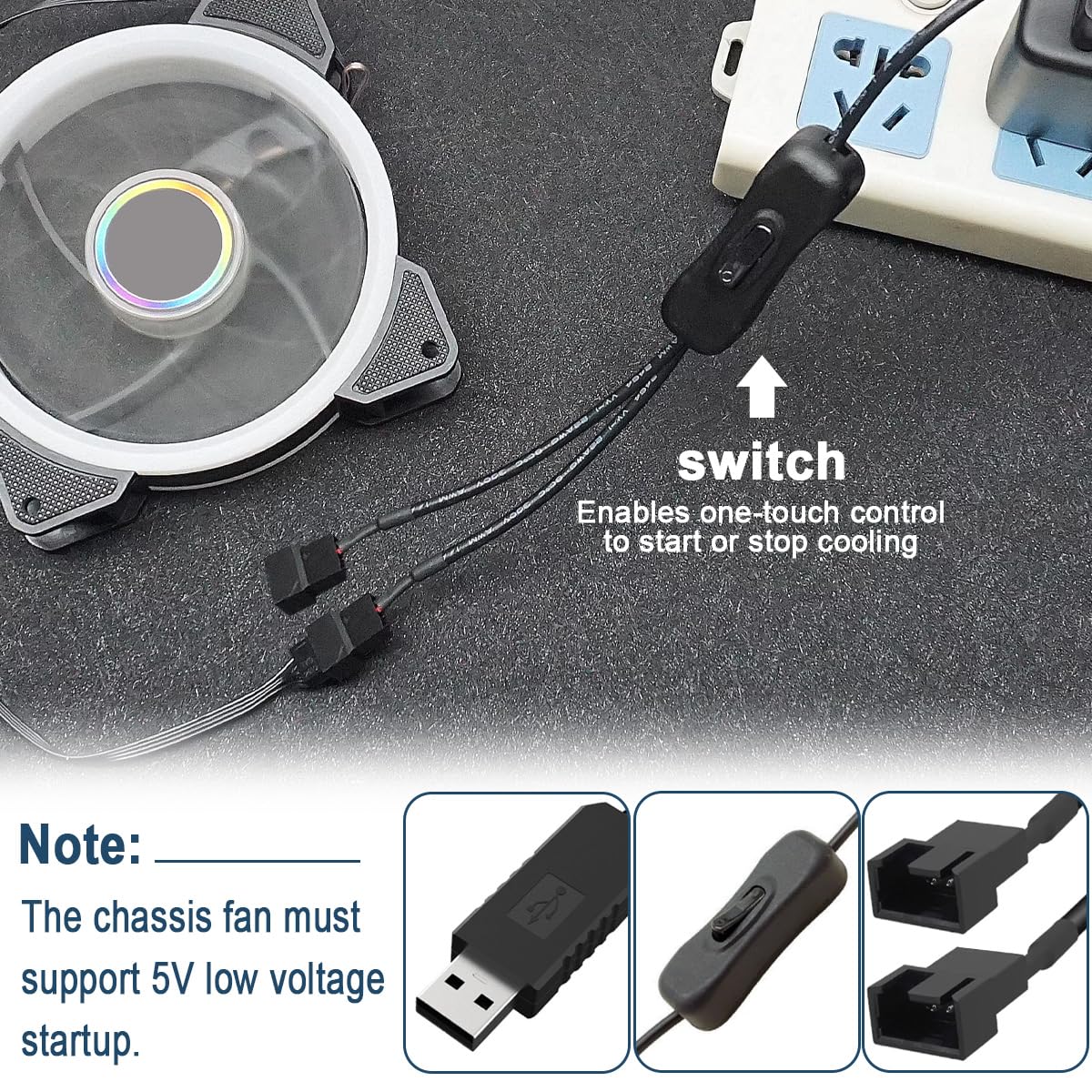 Thumbnail 5 de DAOKAI USB to 3/4 Pin PWM Fan Power Cable (Boost DC5V to DC12V) with Switch — Plug and Play