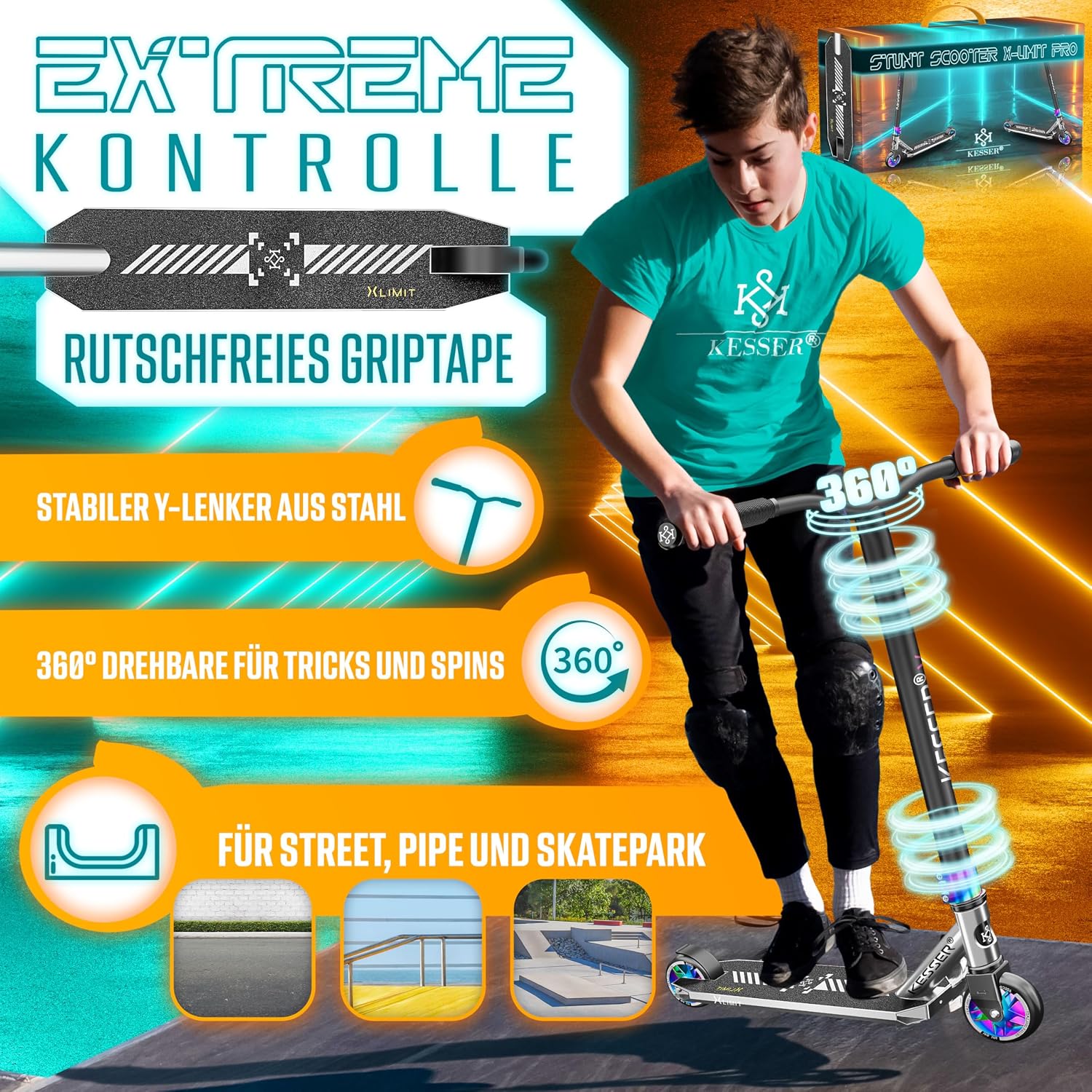 Detalle 2 de KESSER® Stunt Scooter X-Limit-Pro 360° Lenkung – ABEC 9, 110mm PU-Räder, Ständer