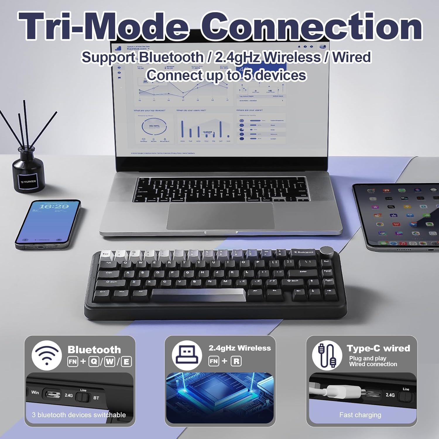 Detalle de YUNZII B68 Wireless Mechanical Keyboard — Tri-Mode, Hot-Swappable, Gasket Mounted with RGB and NKRO