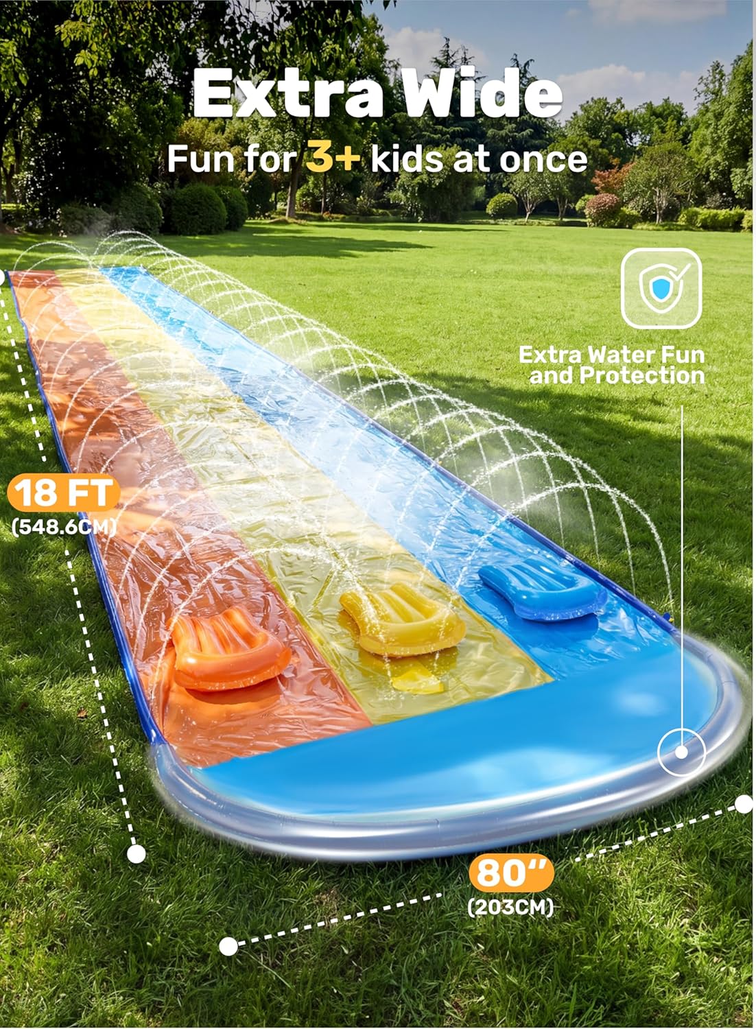 Detalle de Sloosh 18 ft / 548 cm dreispurige Rasen-Wasserrutsche mit Sprinkler & 3 Bodyboards