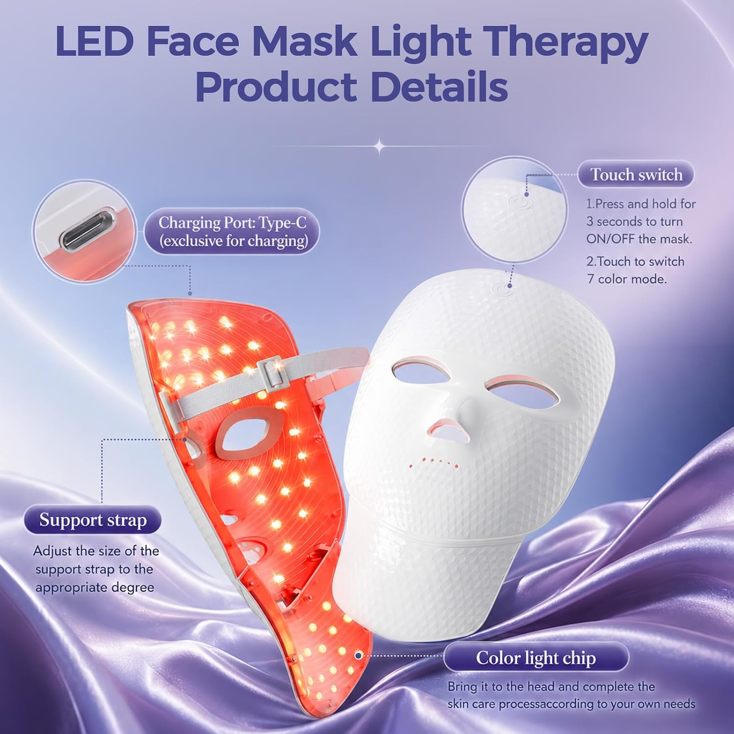 Detalle 2 de tinkoola LED Light Therapy Mask for Face & Neck, Cordless and USB-C Rechargeable