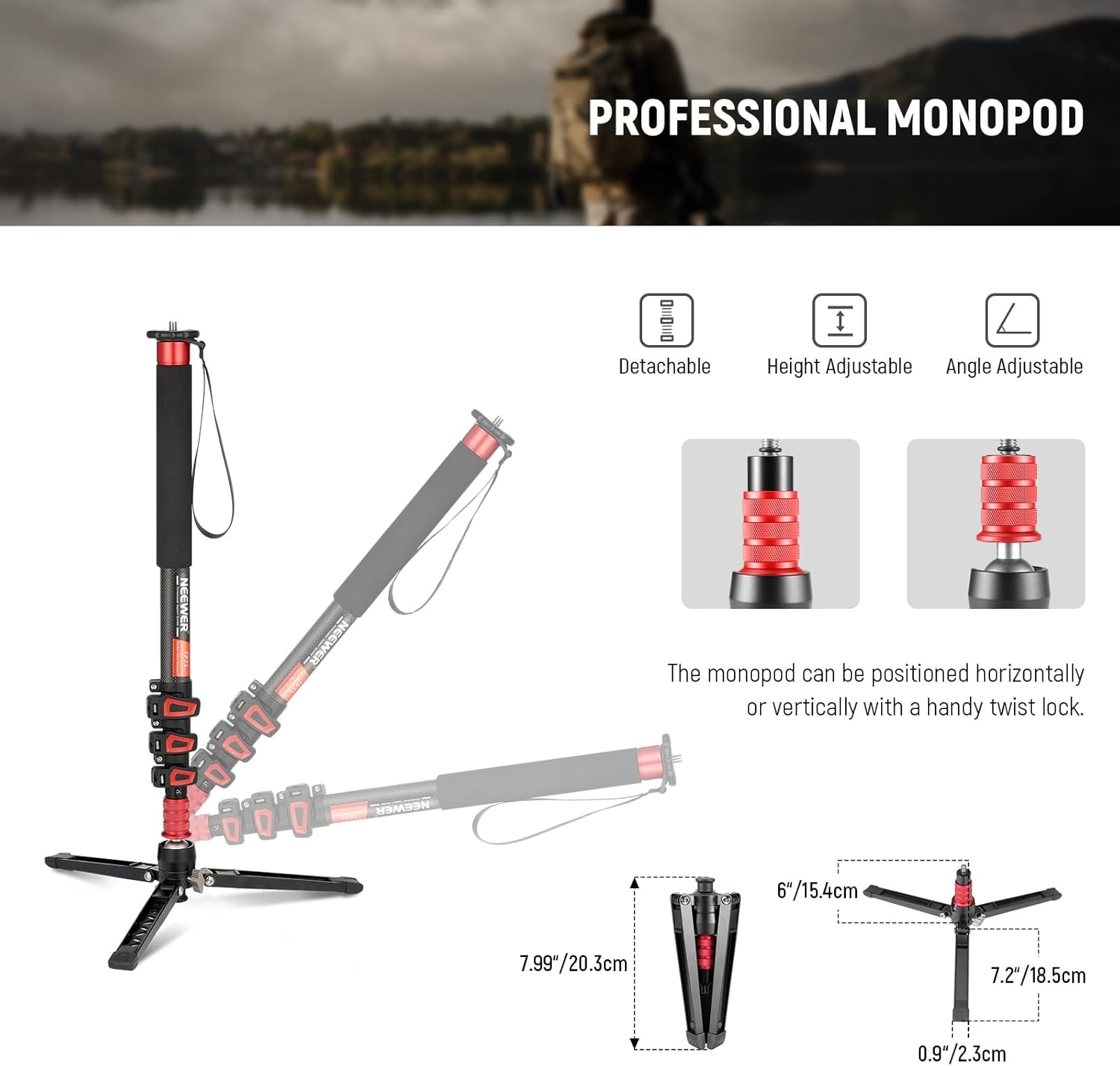 Detalle de NEEWER 67.7" Camera Monopod Stand (TP71) – Lightweight Carbon Fibre with Detachable Base