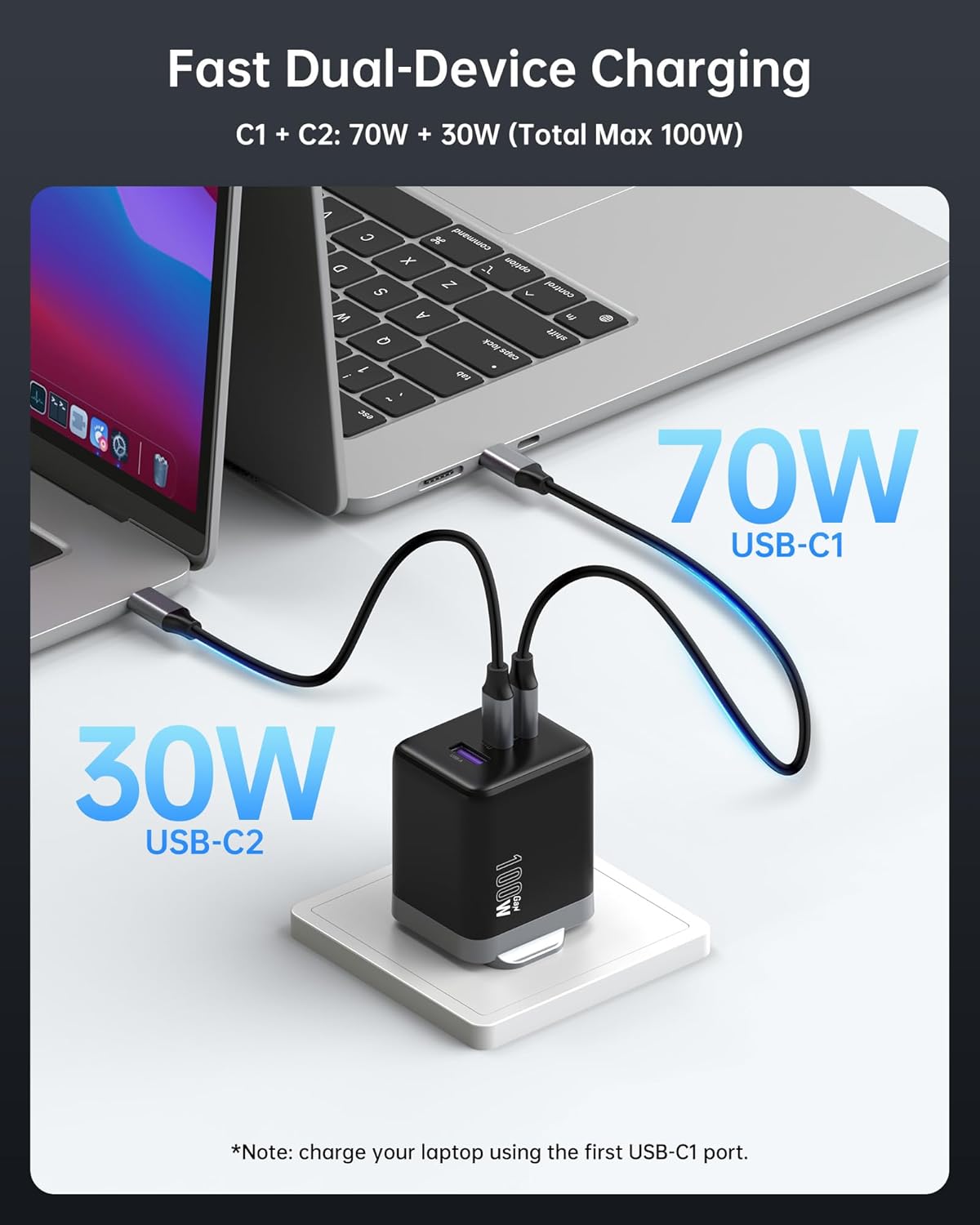 Thumbnail 2 de 100W USB-C Charger – Compact GaN Fast Charger for MacBook Pro/Air (3-Port USB-C & USB-A) with 1m Cable