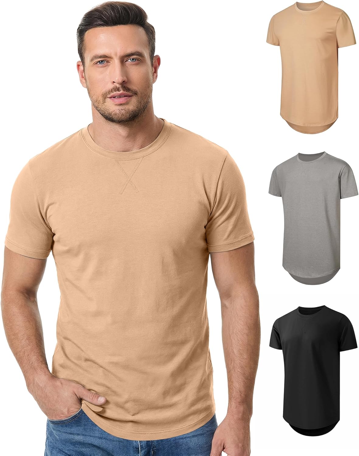 Detalle 2 de JMIERR Mens 3-Pack Cotton Hipster Hip Hop Longline Crewneck T-Shirts