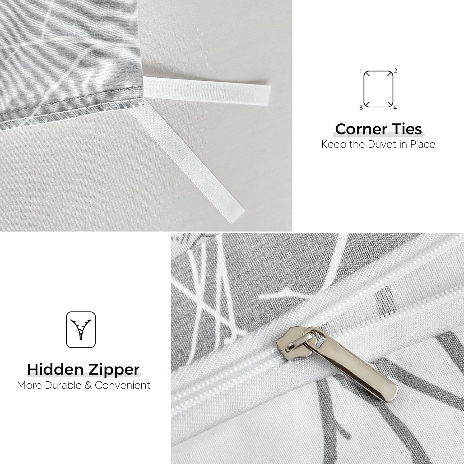 Detalle de Tokokimo 4PCS King Size Duvet Cover Set with Fitted Sheet and Pillowcases (Botanical Branches, Grey) – Microfibre bedding