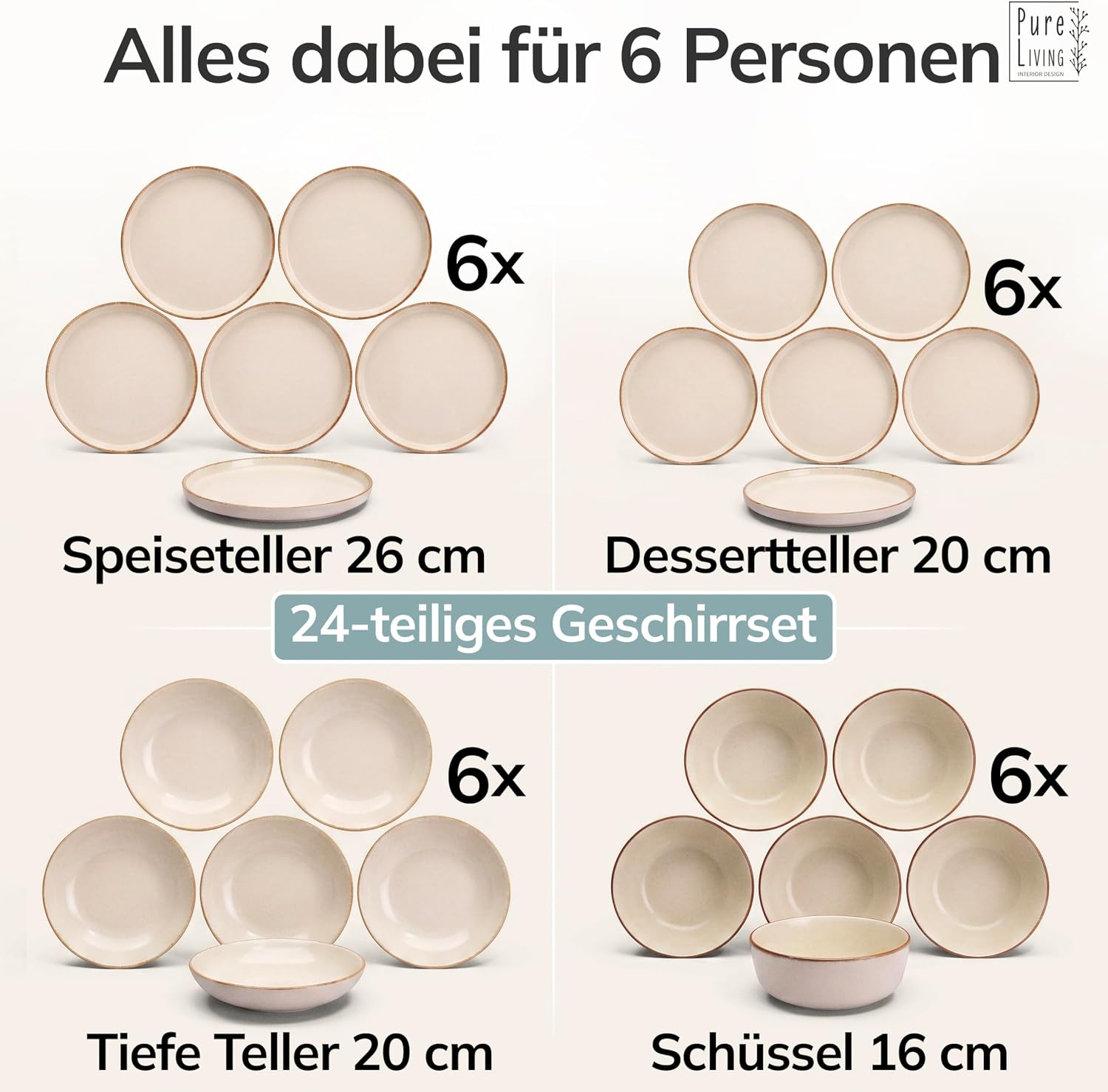 Detalle de Steingut Geschirrset Rustic 24-tlg. für 6 Personen – Pure Living in Beige