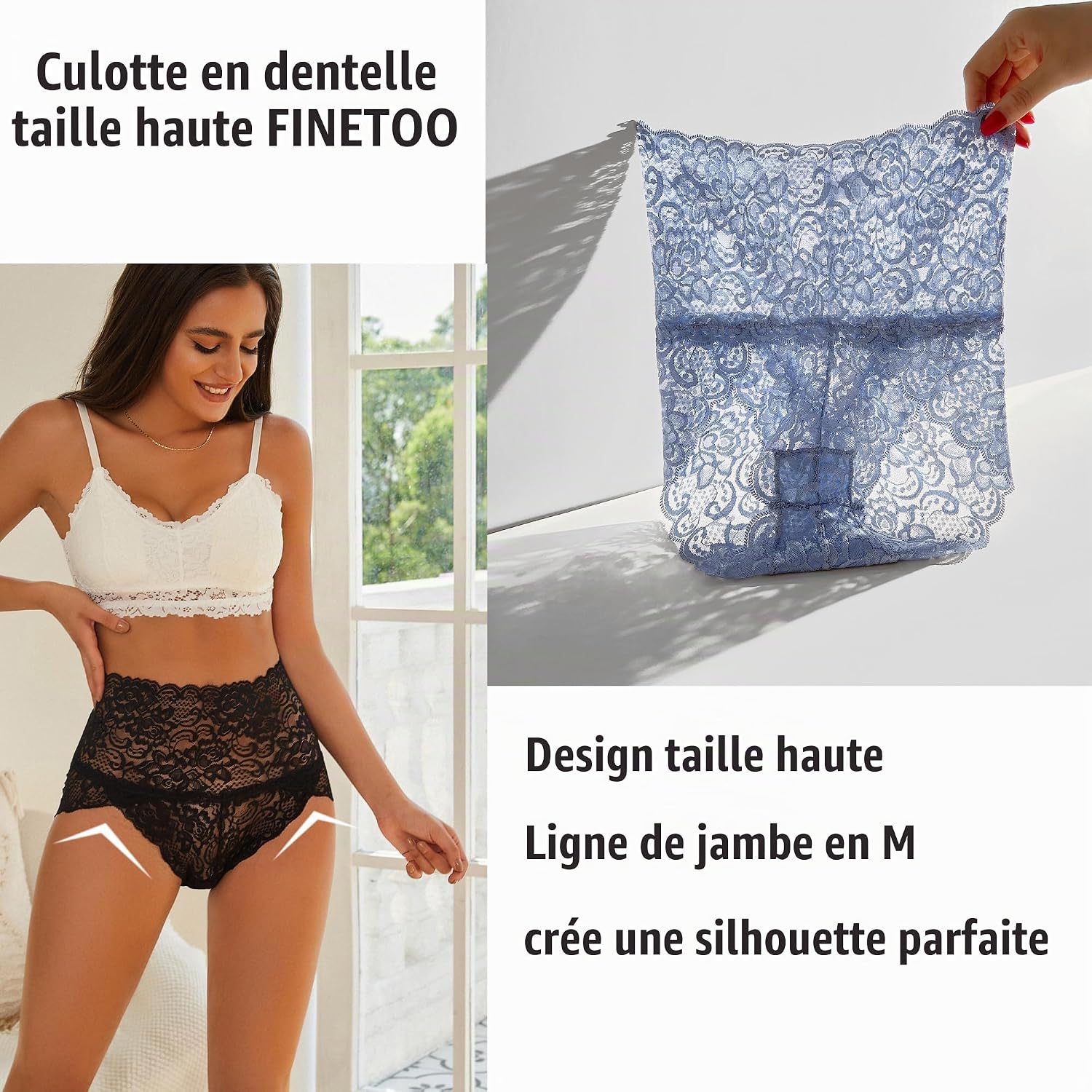 Detalle 2 de FINETOO set van 5 kanten damesondergoed met hoge taille, naadloos, S-XXL