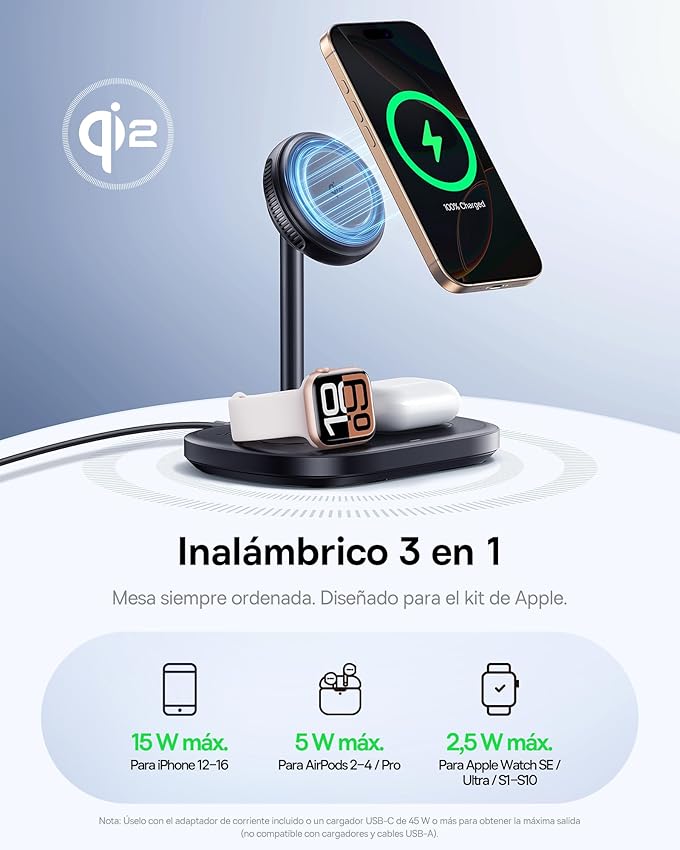 Detalle 2 de Baseus EnerFill Cargador Inalámbrico 3 en 1 45W ⚡