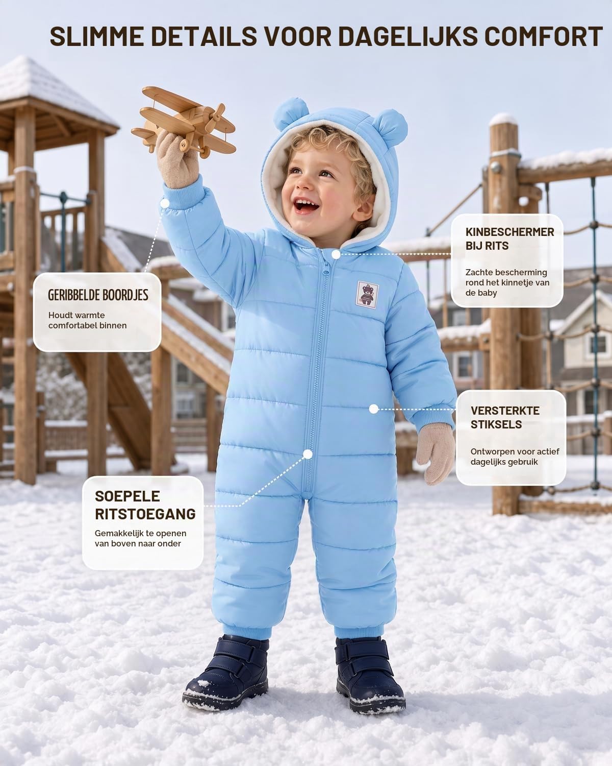 Detalle 2 de JiAmy winterkruippakje met capuchon, fleecevoering en rits