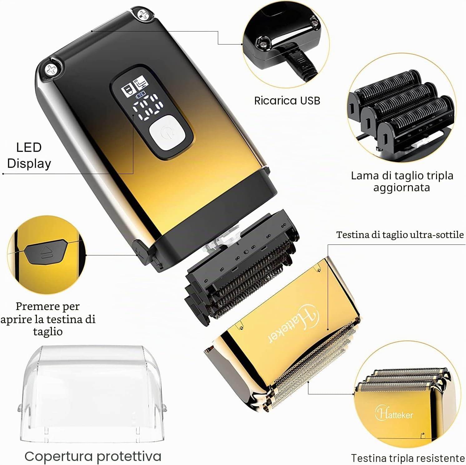 Thumbnail 2 de Hatteker Foil Shaver e Tagliacapelli 2 in 1 per Uomo – Rasoio Folio con Lama Flessibile, Trimmer e Impermeabile IPX7