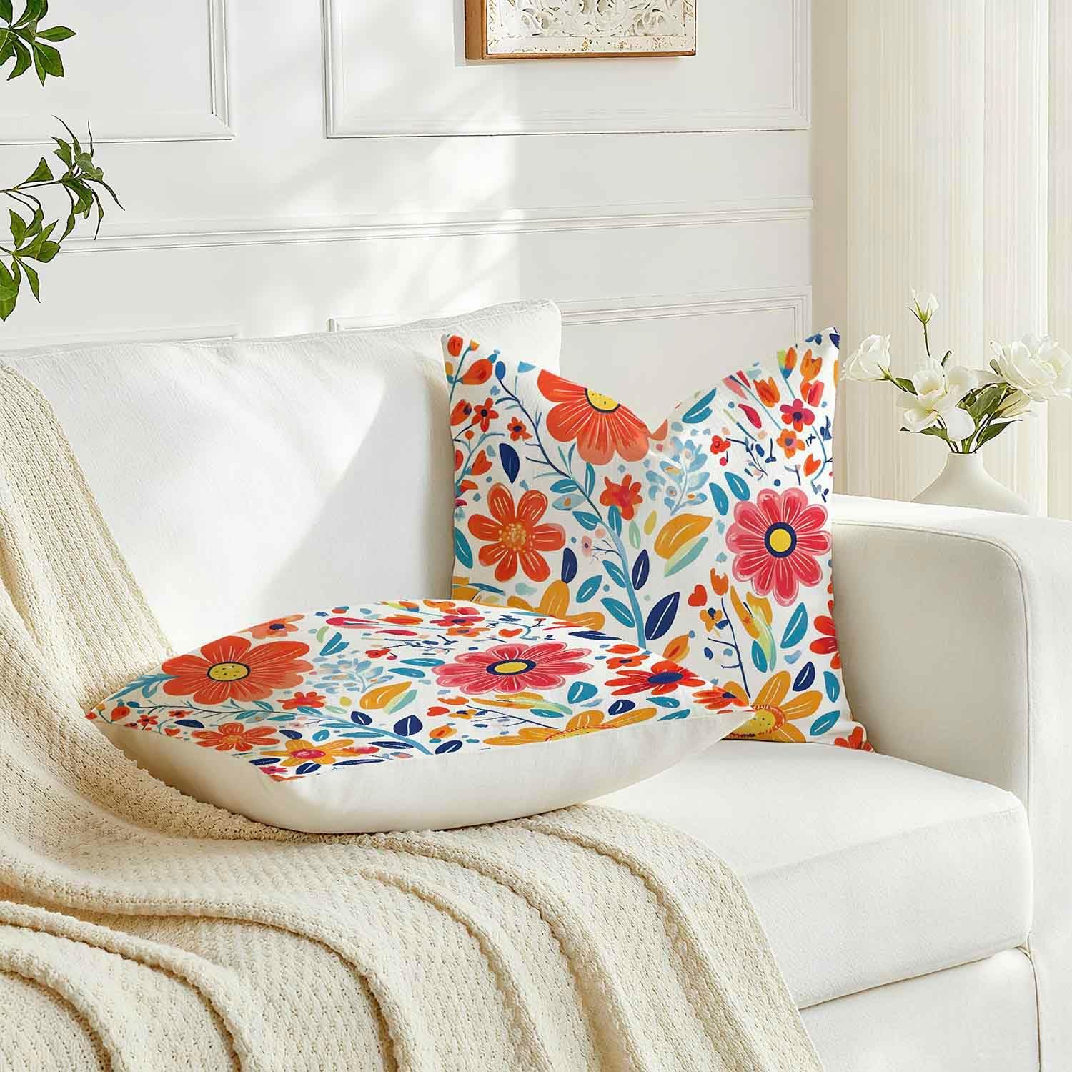 Detalle de Avalune Kissenbezug Frühling 45x45 Blumen Rot Blau – 2er Set, Leinoptik, waschbar