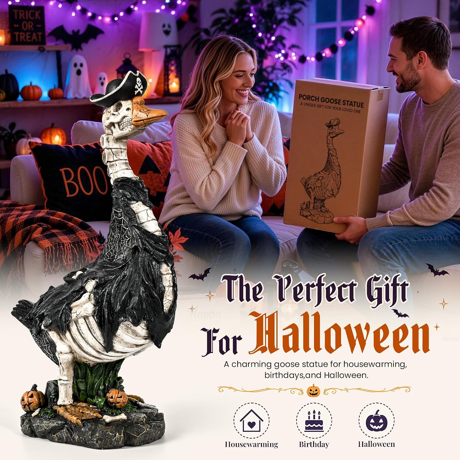 Thumbnail 6 de GIGALUMI 20-Inch Halloween Skeleton Porch Goose Resin Statue
