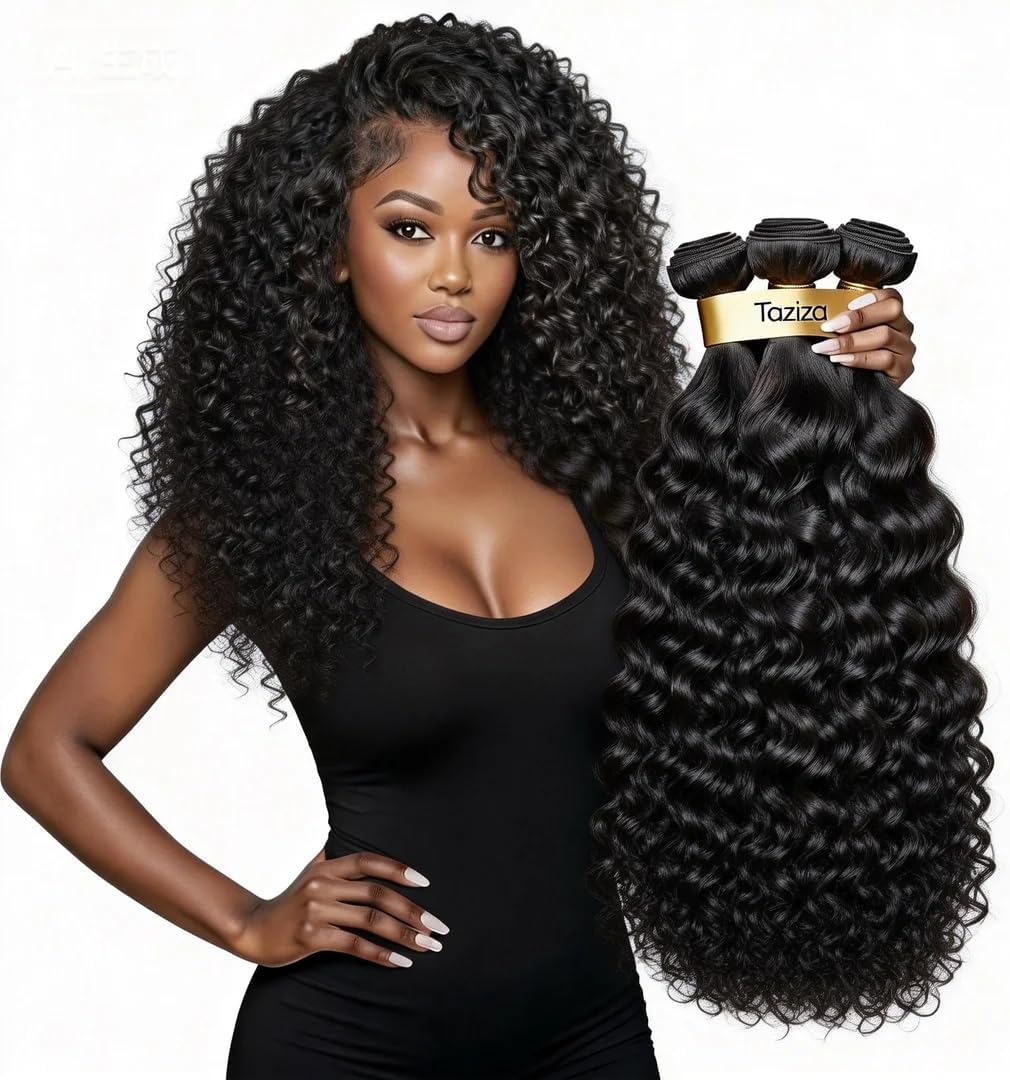 Detalle de 10A Water Wave Bundles: Brazilian Unprocessed Virgin Remy Hair (16, 18, 20 Inch) – Deep Curly, Natural Black