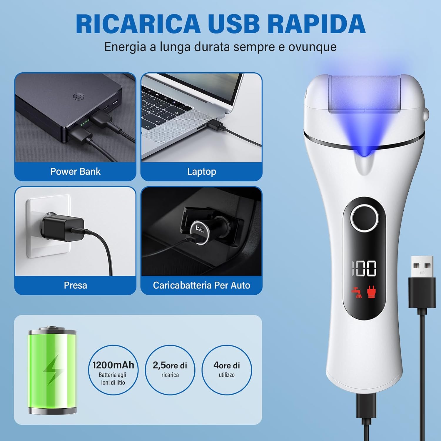 Detalle de Ehomfory Pedicure Elettrico Professionale Piedi — Set completo per rimozione calli con rulli di ricambio e illuminazione