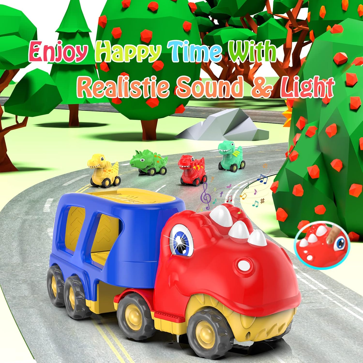 Detalle de Veslier Dinosaur Transport Truck Toy with 4 Pull-Back Cars, Lights and Sounds