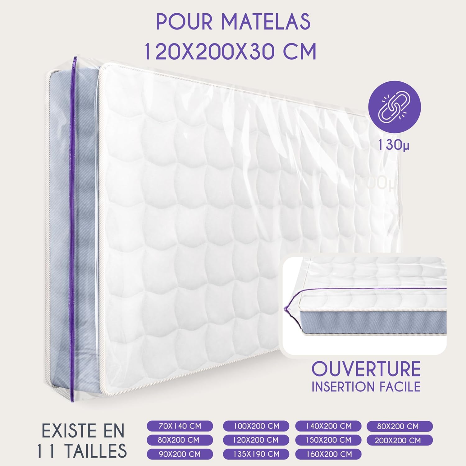 Thumbnail 1 de Dreamzie Housse de protection matelas 120x200 cm pour déménagement et stockage (jusqu’à 30 cm d’épaisseur) avec fermeture éclair