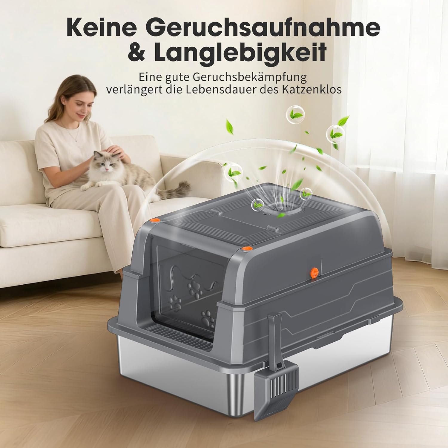 Thumbnail 6 de XXXL Edelstahl Katzentoilette mit Deckel – extra große, geschlossene Katzentoilette mit 180° Klappdeckel und abnehmbarem Deckel