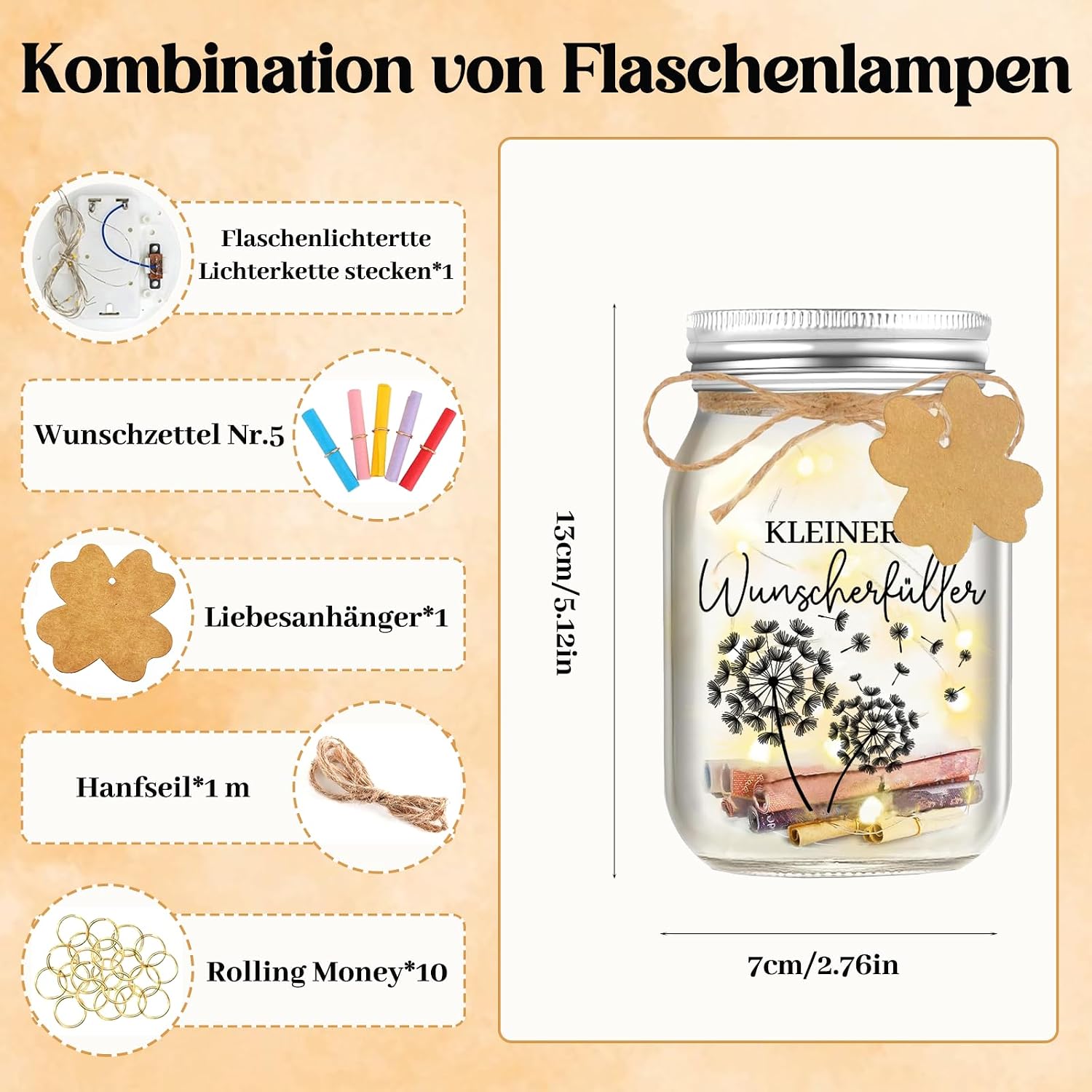 Detalle 2 de Hiipeefeel Wunscherfüller Geldgeschenke – LED-Glasflasche mit persönlicher Botschaft