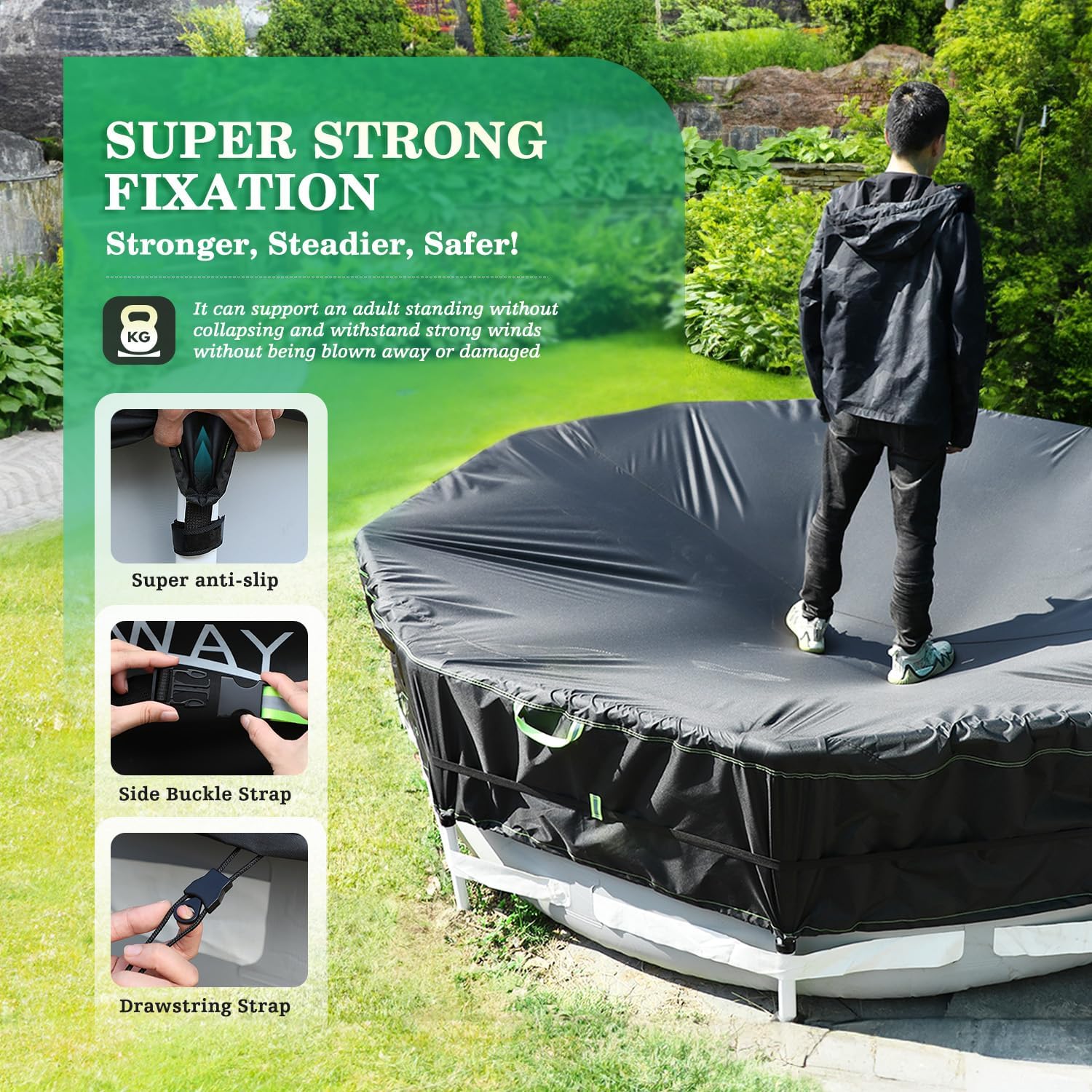 Detalle de UIRWAY 548cm 18FT Round Pool Cover, 500D Fabric, Adjustable Straps