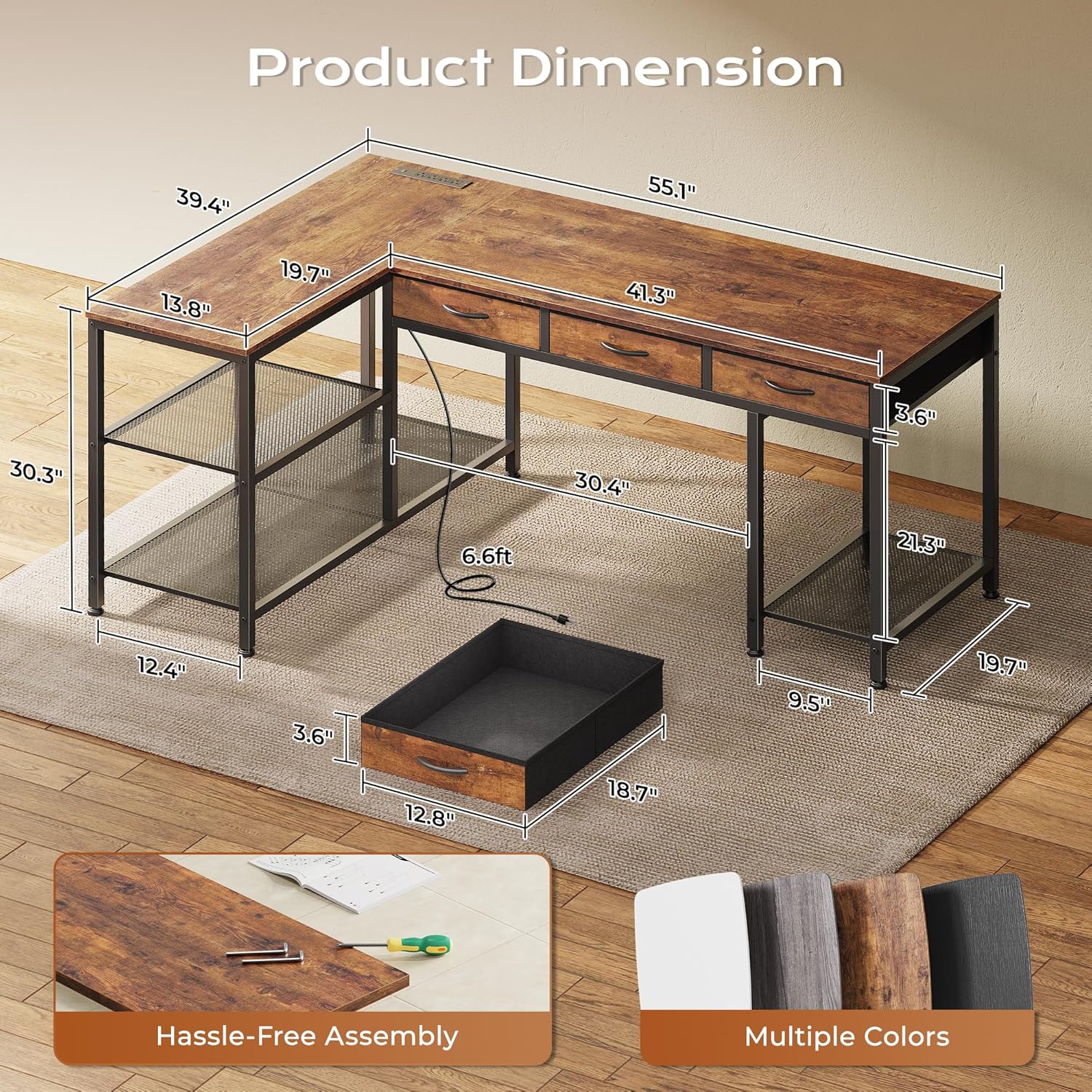 Thumbnail 2 de PRAISUN 55 Inch L-Shaped Desk with Power Outlets and Type-C Port