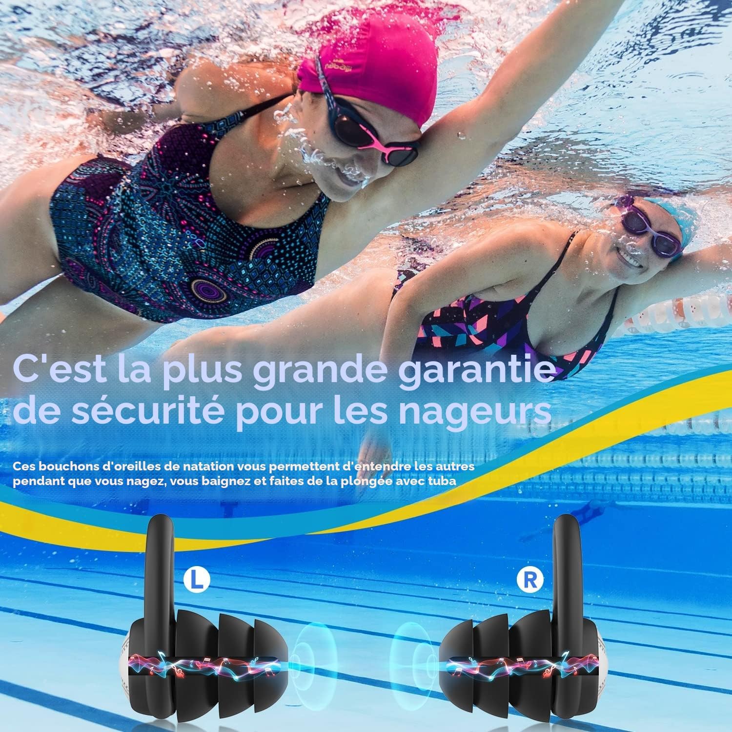 Detalle 2 de Lot de 3 paires de bouchons d’oreille WLSCTY en silicone souple (noir, bleu, vert) pour natation, douche et surf