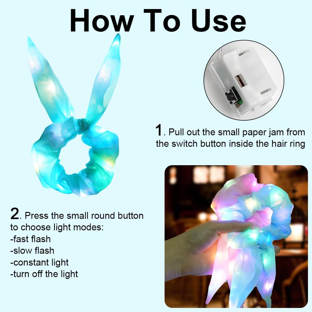 Detalle de URAQT Scrunchies LED da donna con orecchie di coniglio, copricapo luminoso a modalità flash