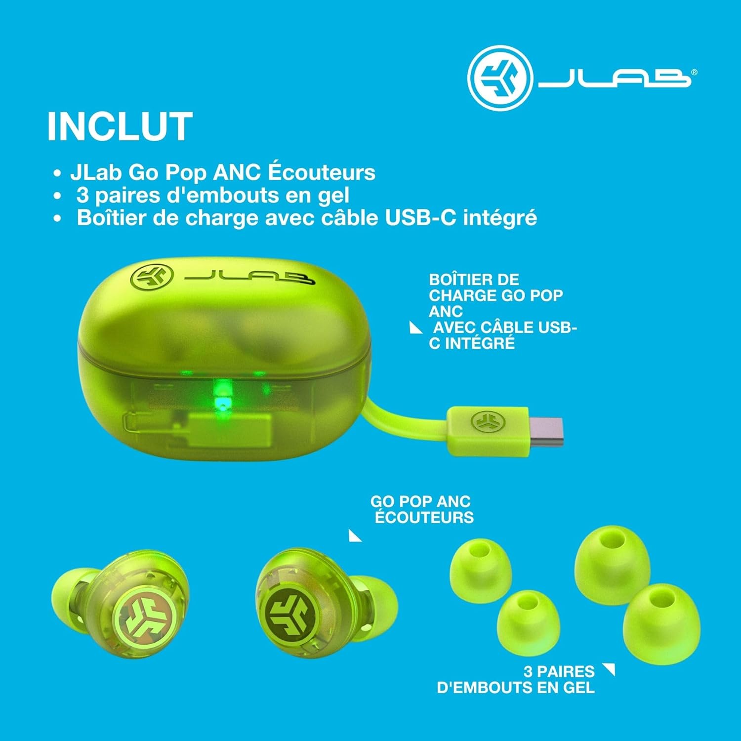 Thumbnail 5 de JLab Go Pop ANC Écouteurs Bluetooth : réduction de bruit, 24 h d’autonomie et design néon transparent