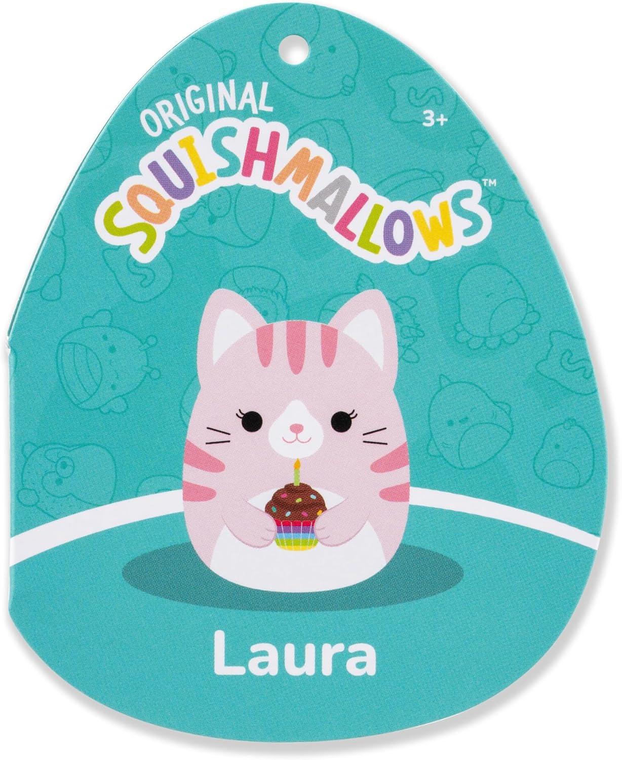 Detalle 2 de Squishmallows Original 14in Laura the Pink Tabby Cat Holding Birthday Cupcake – Official Jazwares Plush