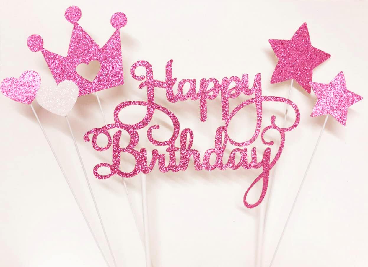Detalle 1 de AILEXI Kuchendekoration – Handgefertigte Pailletten-Topper, 6-teilig (Happy Birthday, Herzen, Sterne, Krone) – Rosa