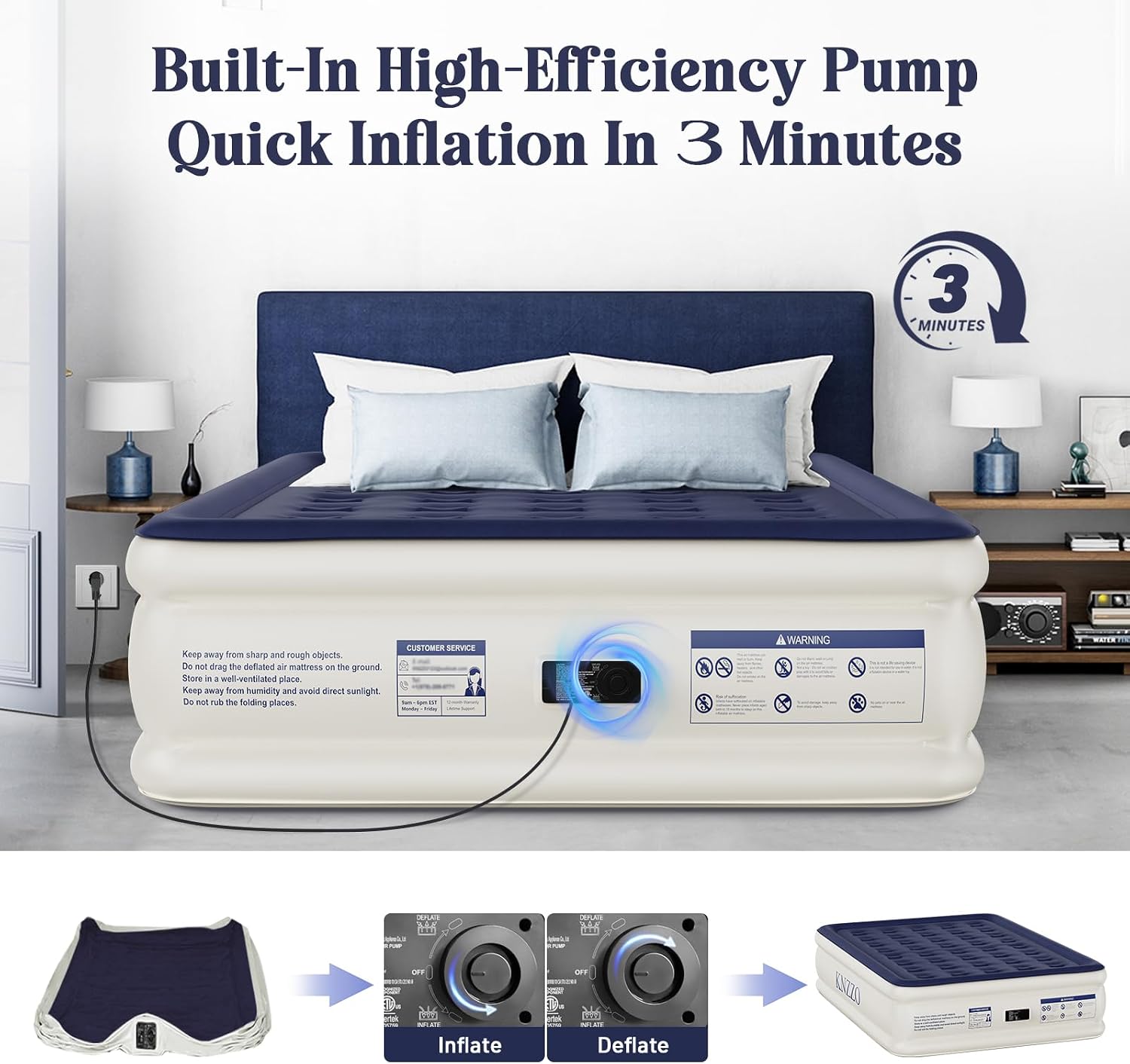 Detalle de KNZZO Queen Air Mattress with Built-in Pump and Plush Flocked Top
