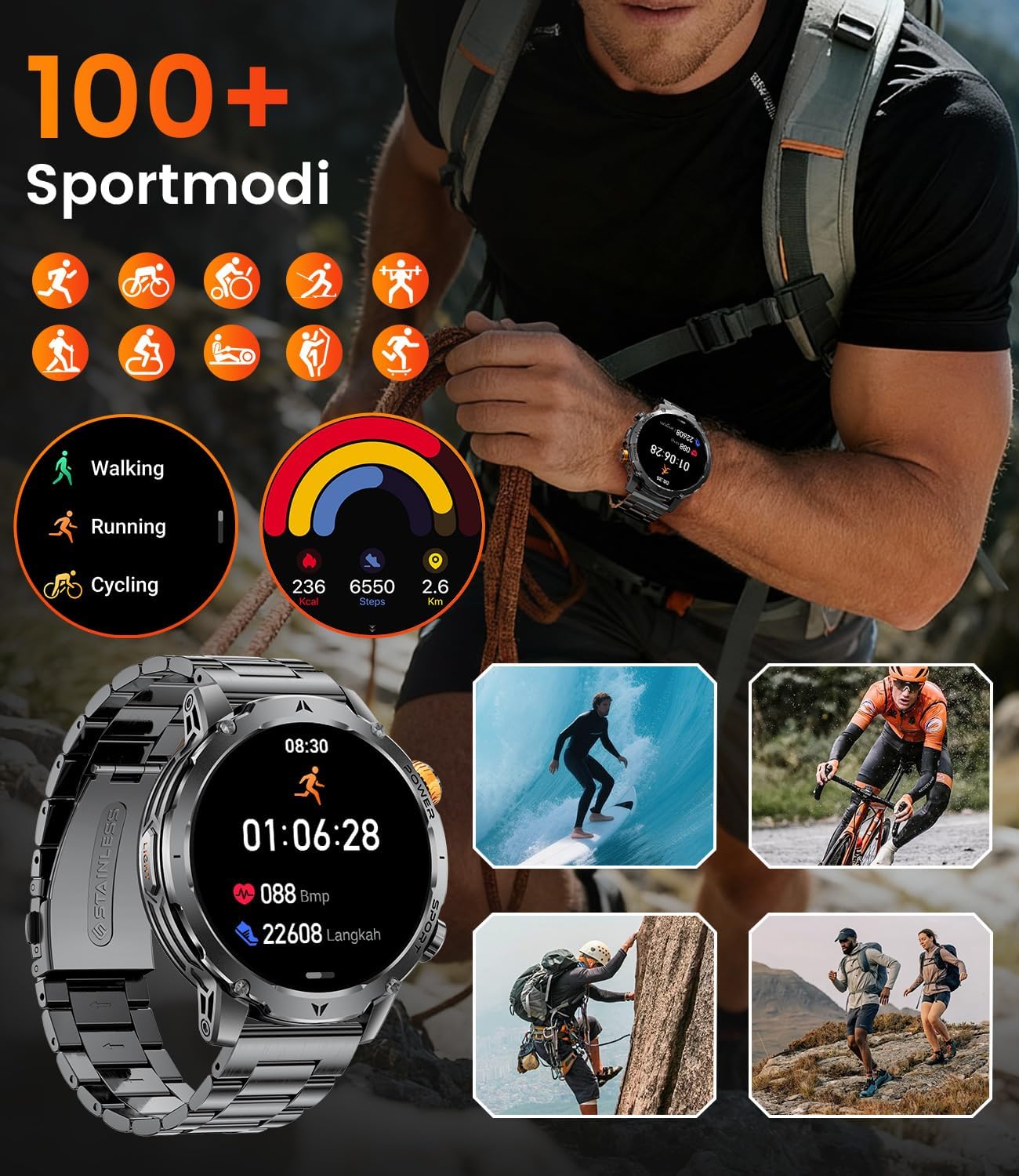 Thumbnail 4 de SUNKTA Smartwatch Militär 1,7 Zoll HD 1000 mAh
