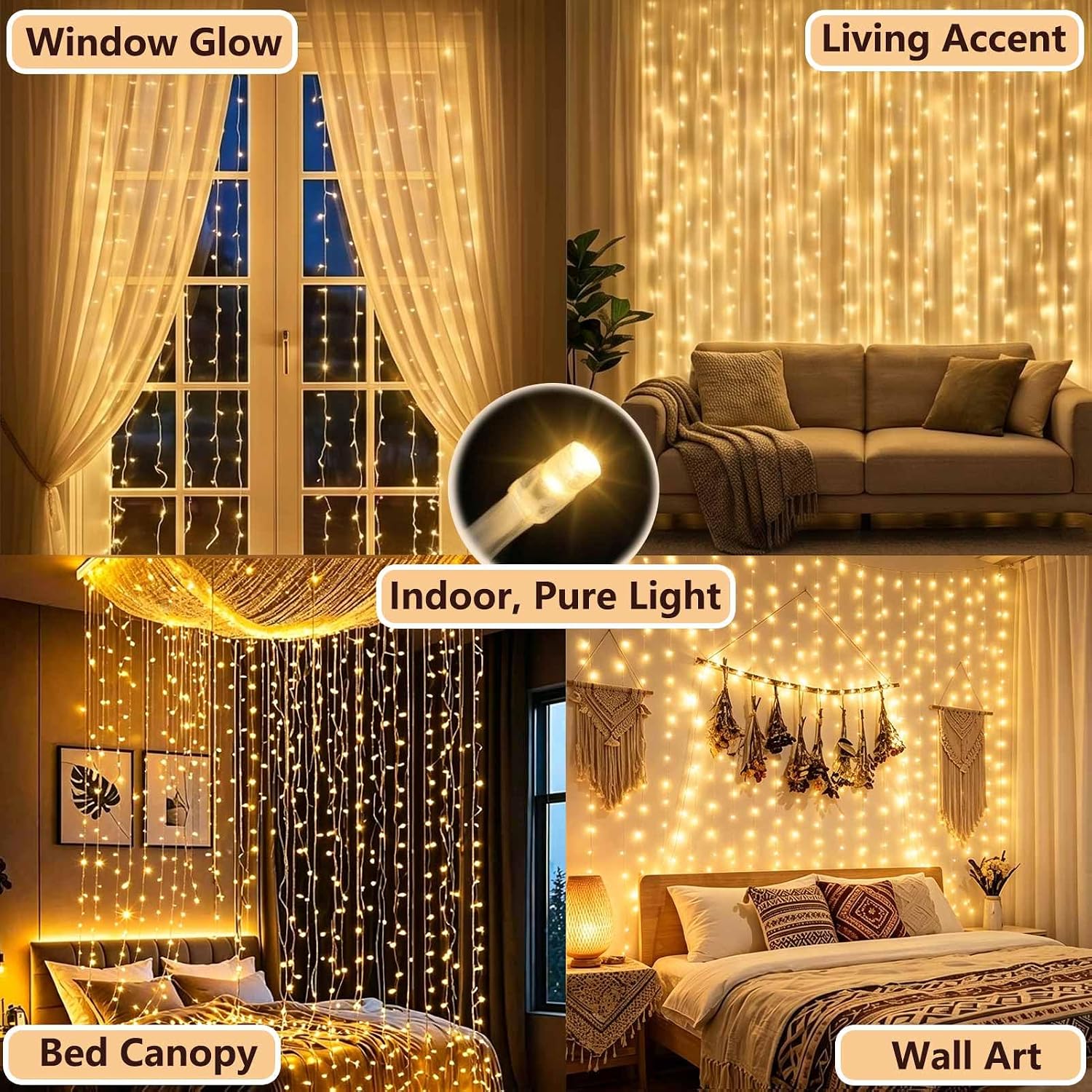 Detalle de Cozymeow 2 Pezzi Tenda Luminosa Esterno e Interno 300 LED 3x3m – Cascata Fiabesca, 8 Modalità e Timer, IP65