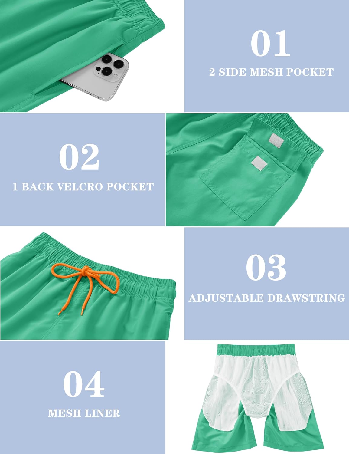 Detalle de TACVASEN Men's Swim Shorts with Mesh Lining – Quick-Dry Beach Trunks