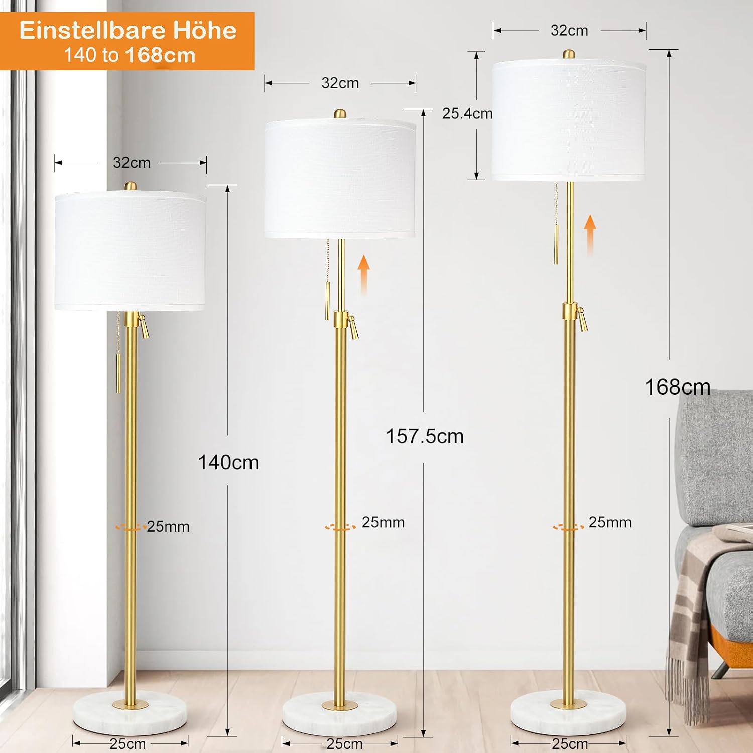 Detalle de Qingmiao Stehlampe für Wohnzimmer & Büro mit Leinen-Schirm, 140–168 cm höhenverstellbar und 3 Farbtemperaturen (E27)
