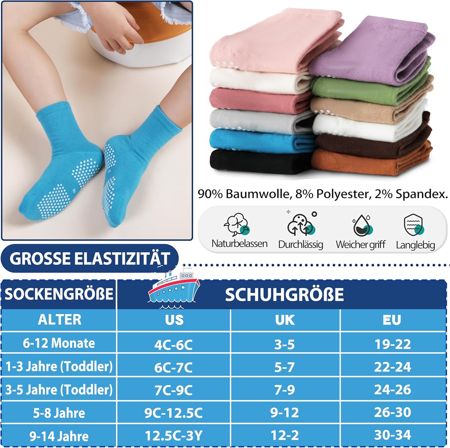 Thumbnail 4 de Welwoos Stoppersocken Kinder 12 Paare 👣