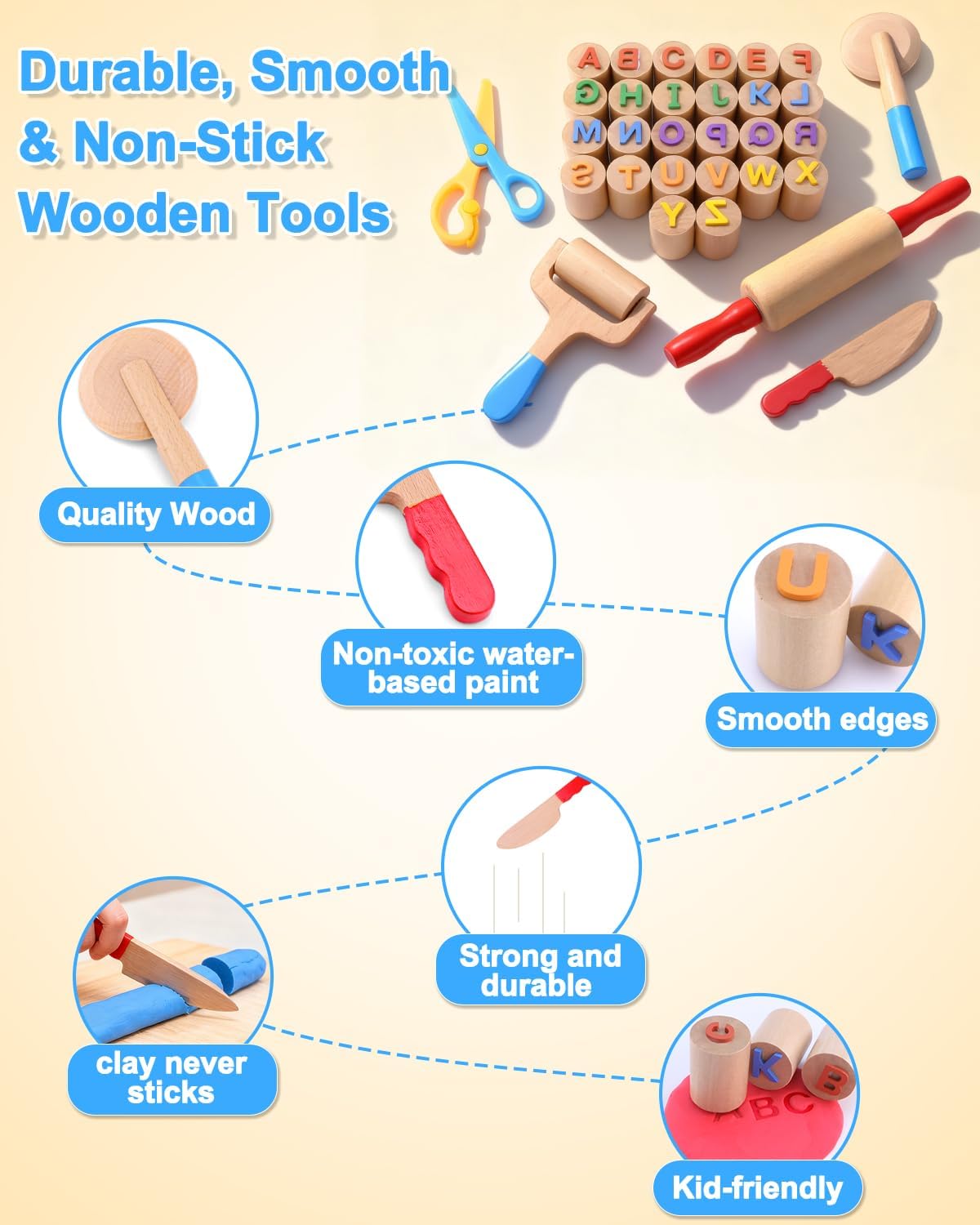 Detalle 2 de Wooden Dough Tool Set for Kids Ages 3–6