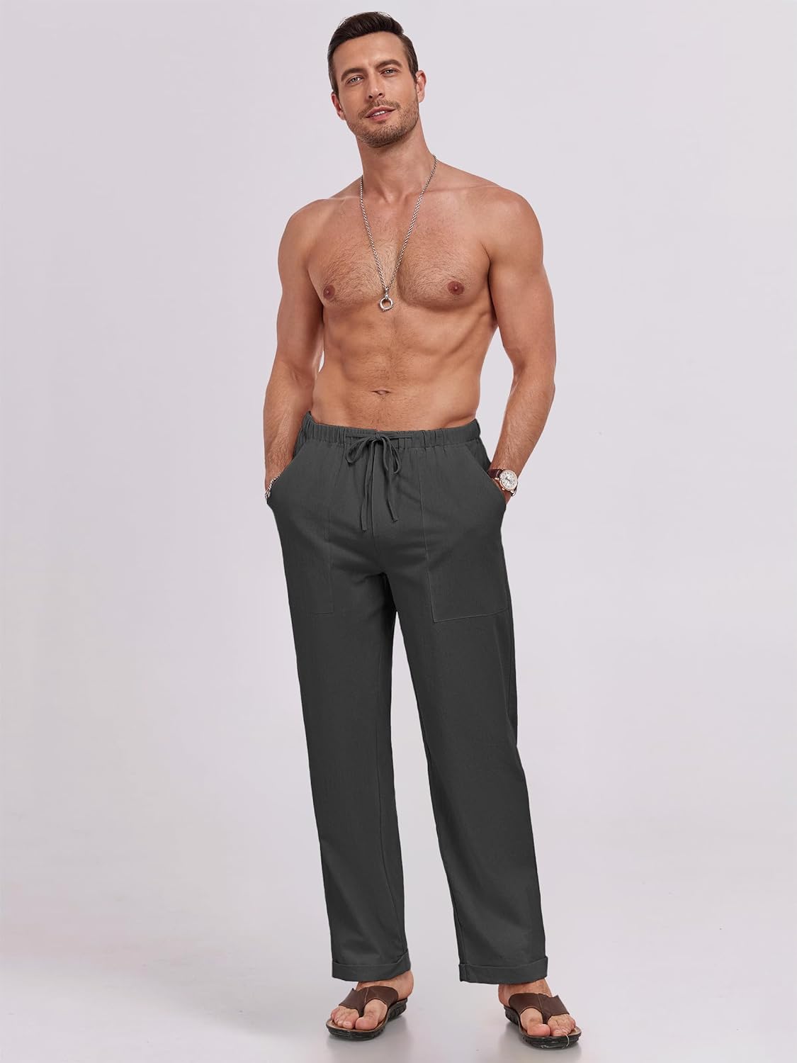 Thumbnail 5 de Puimentiua Leinenhose Herren – Europäische Größe, leichter Sommerlook, Loose Fit mit Tunnelzug