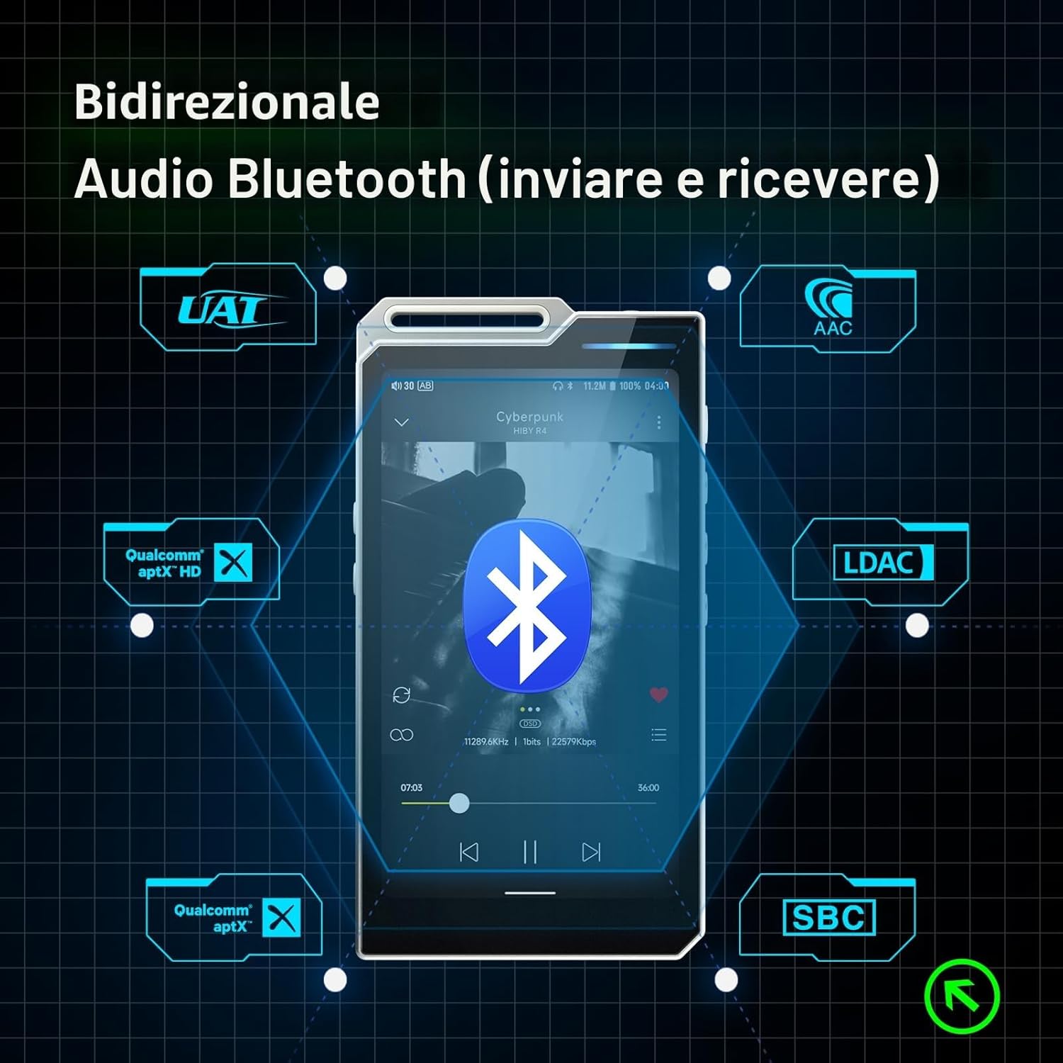 Detalle 2 de HiBy Lettore MP3 Android R4 con Bluetooth e Wi‑Fi, supporto DSD/PCM/MQA e uscita bilanciata 4,4 mm