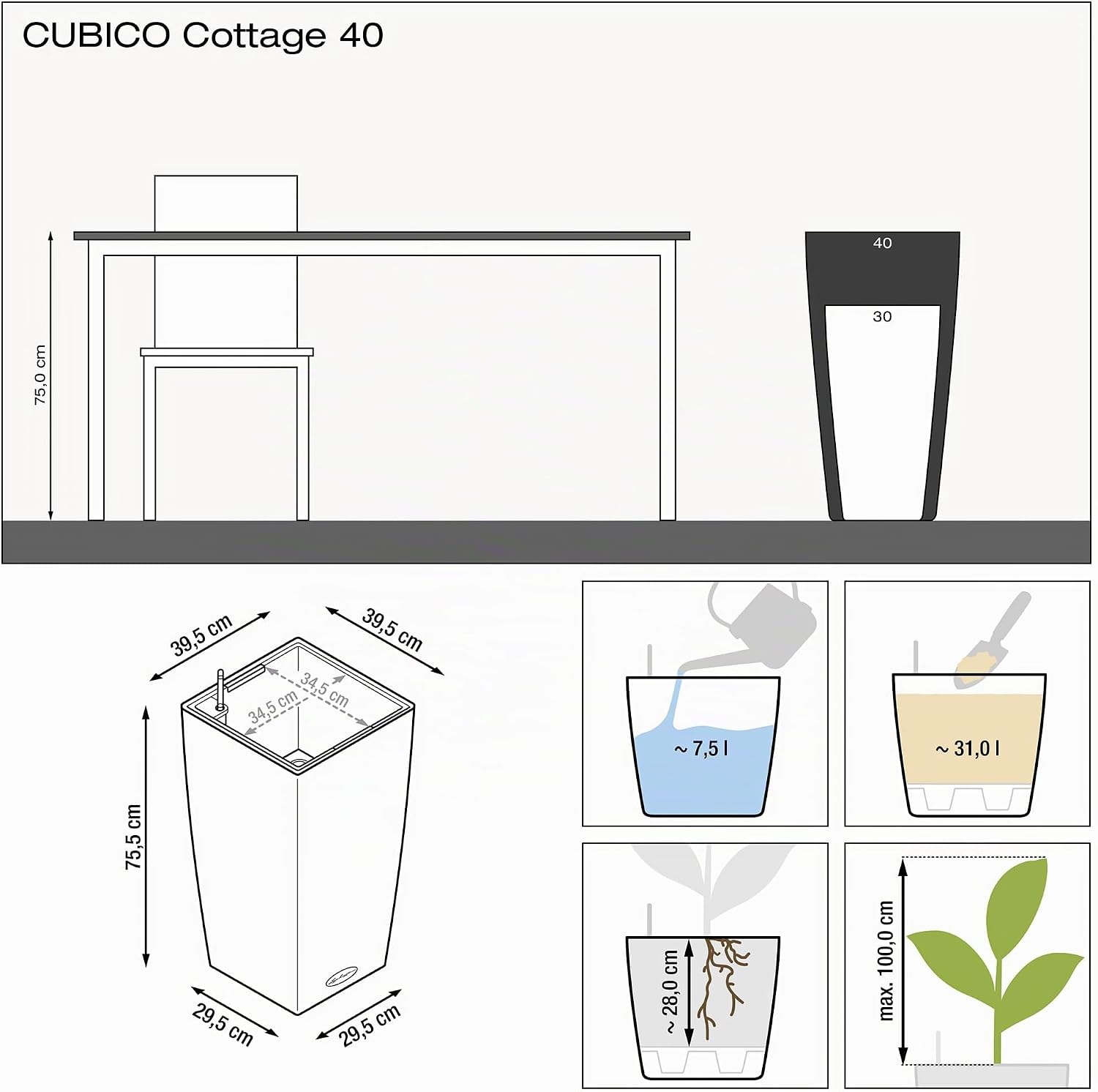 Thumbnail 3 de Lechuza Cottage Cubico – Pot d’extérieur et d’intérieur avec réservoir d’eau intégré (40 x 40 x 75 cm, blanc)