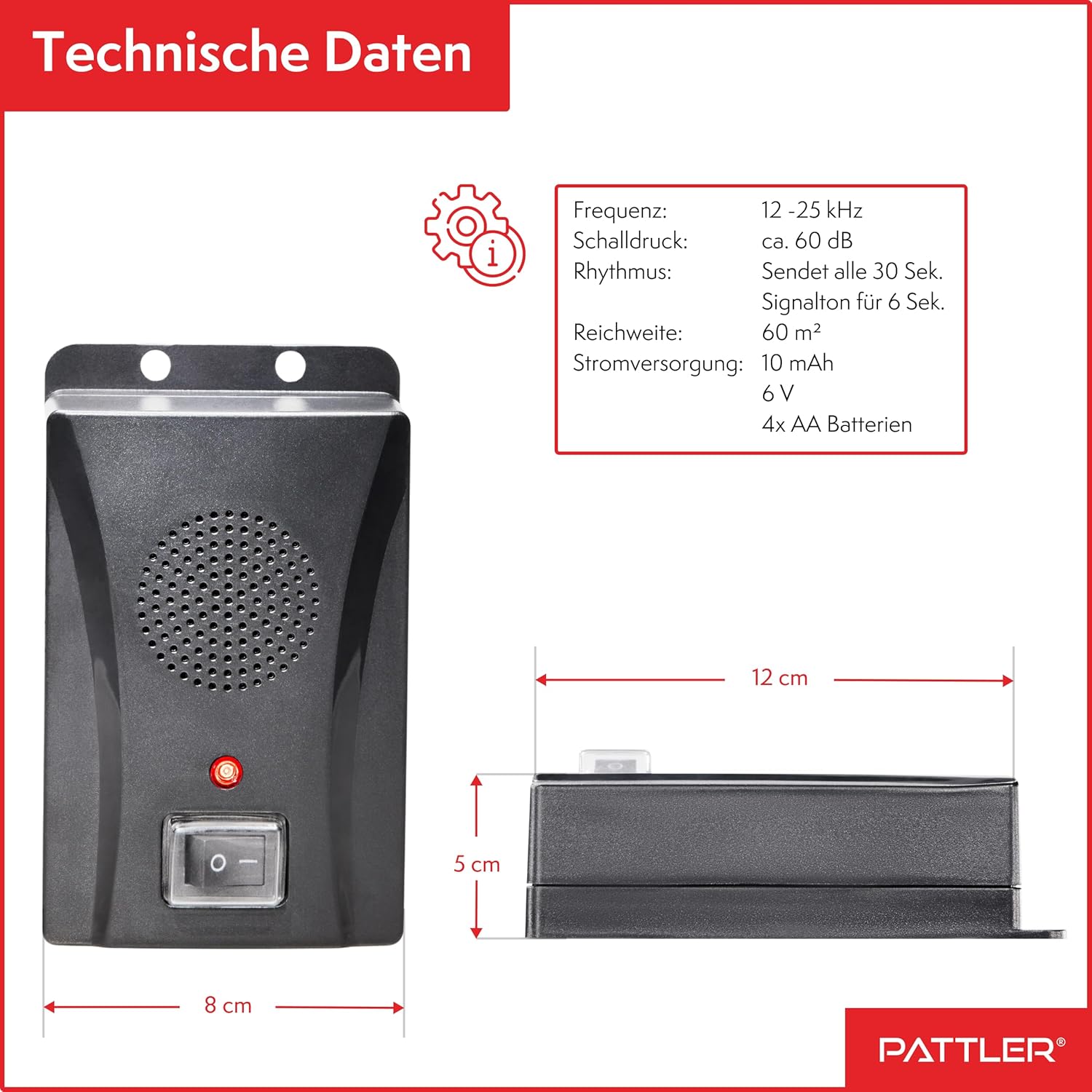 Detalle de PATTLER® Marderschreck Auto batteriebetrieben – Ultraschall & Anti-Gewöhnungseffekt für ca. 40 m²