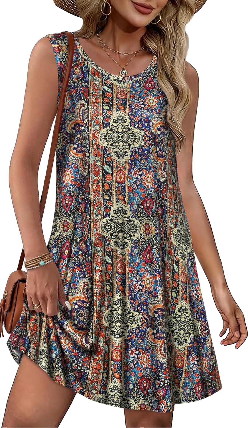 Detalle de Summer Dresses for Women Beach Boho Sleeveless Vintage Floral Flowy Pocket Tshirt Tank Sundresses 2026