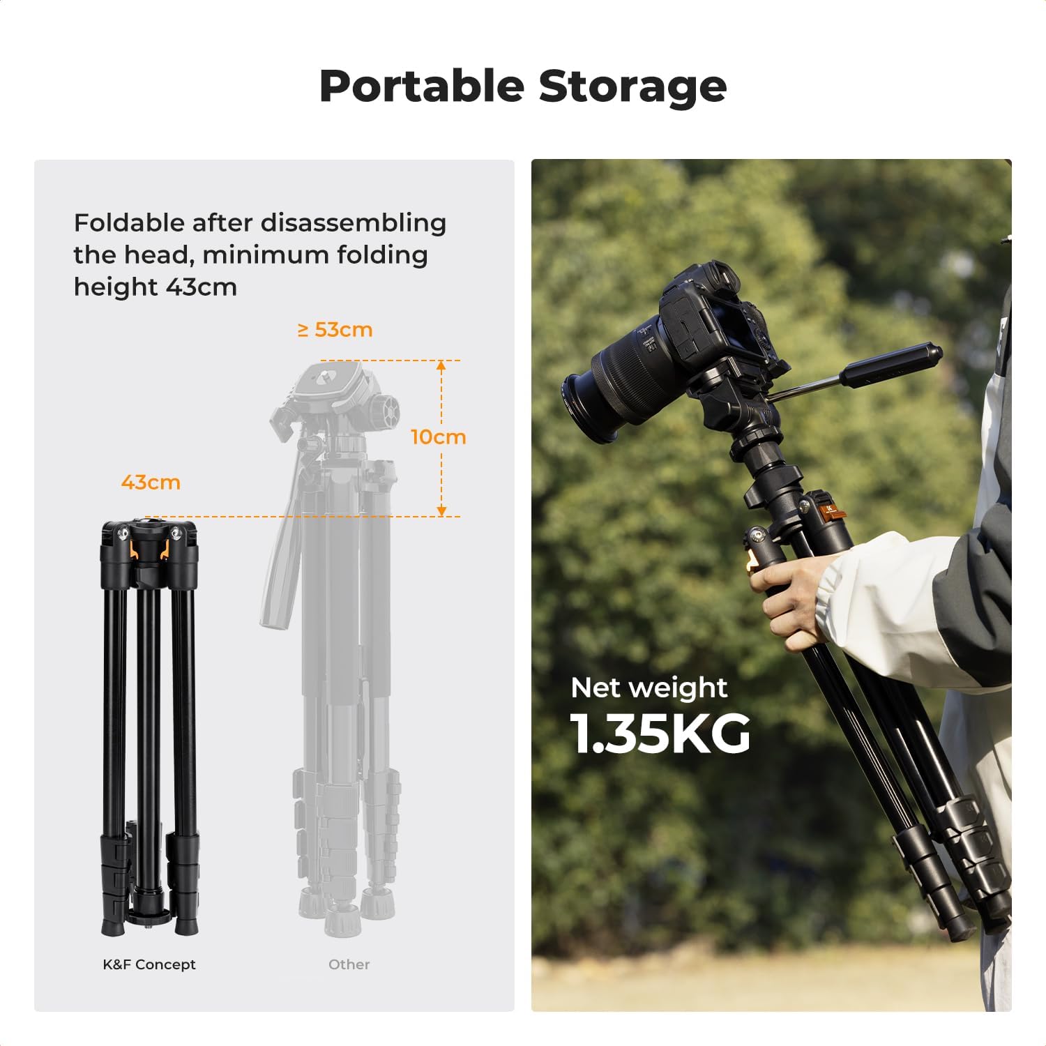Thumbnail 2 de K&F CONCEPT 77" (196cm) Video Tripod with 3-Way Pan/Tilt Head, Quick Release Plate & Phone Holder (load up to 4kg)
