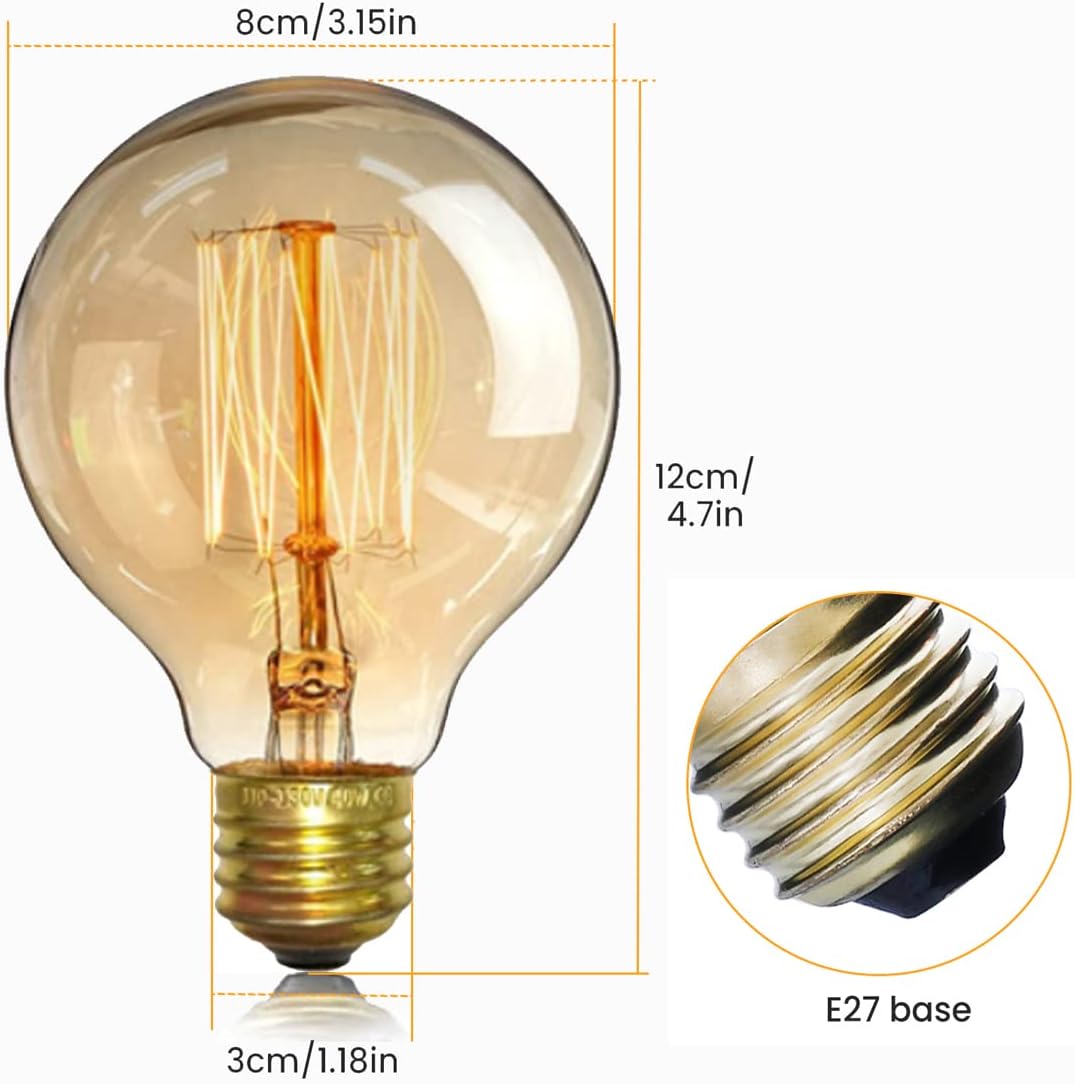 Detalle de EYLM Vintage Edison Light Bulbs, Dimmable 4 Pack – 40W G80 E27 220V, 2300K Warm Amber Filament Bulbs