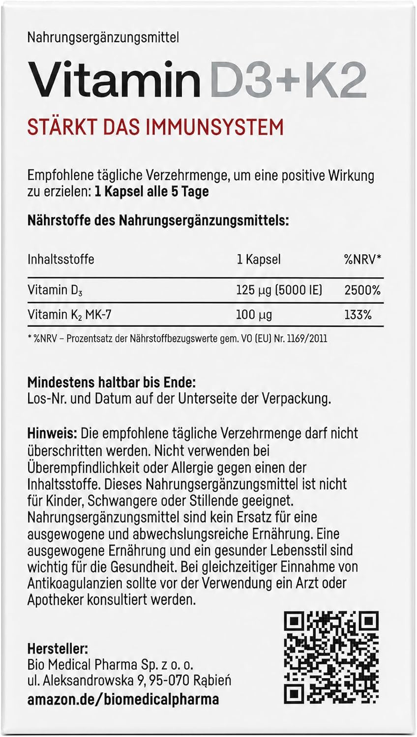 Detalle de Vitamin D3 K2 Hochdosiert 5000 IE + 100 µg K2 MK-7 (All-Trans) – 240 Softgel-Kapseln