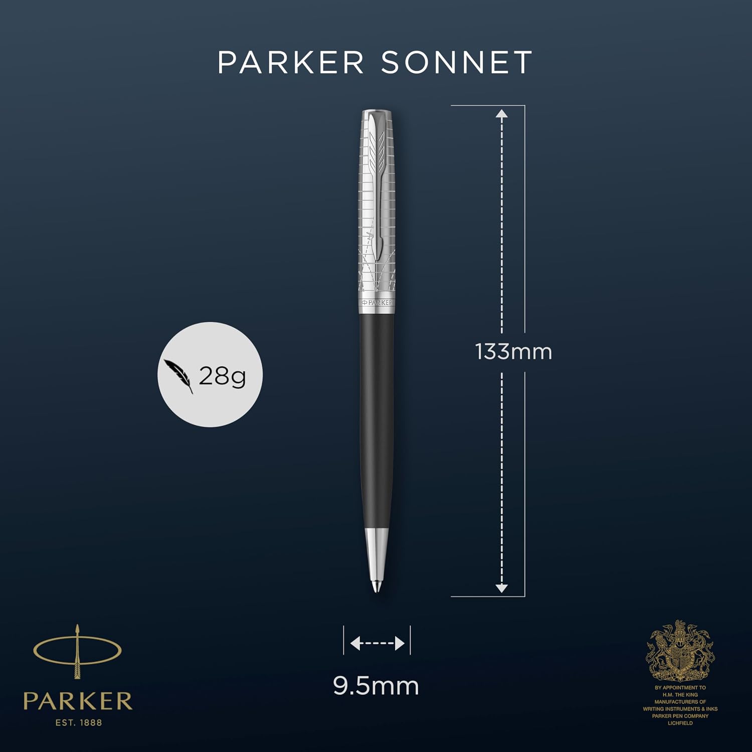 Detalle de Parker Sonnet Legacy of Flight balpen met chromen afwerking, medium punt en zwarte inkt