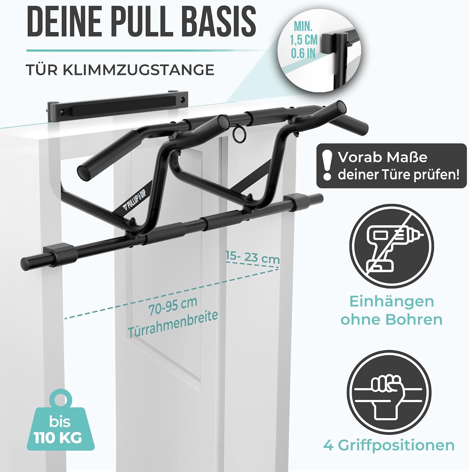 Detalle de PULLUP & DIP Klimmzugstange für Türrahmen inkl. Dip-Modul (ohne Schrauben) mit gepolsterten Griffen