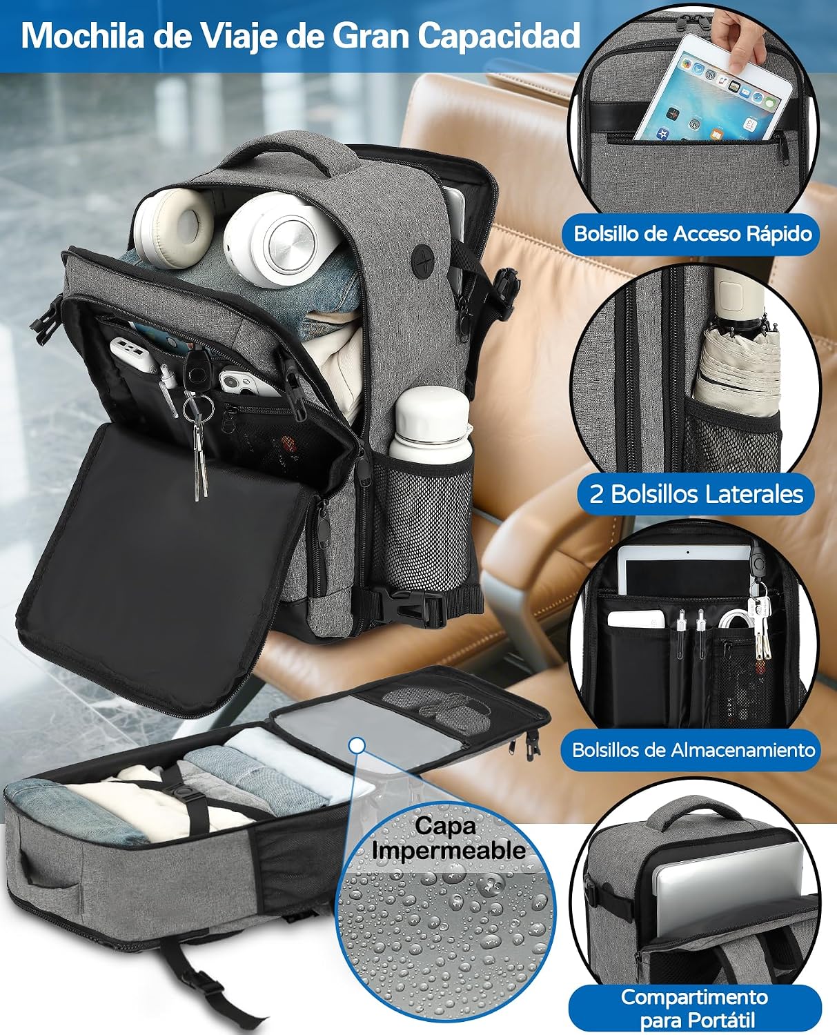 Detalle 2 de KLOSTAIN Mochila de Viaje Cabina 45x36x20 para Easyjet ✈
