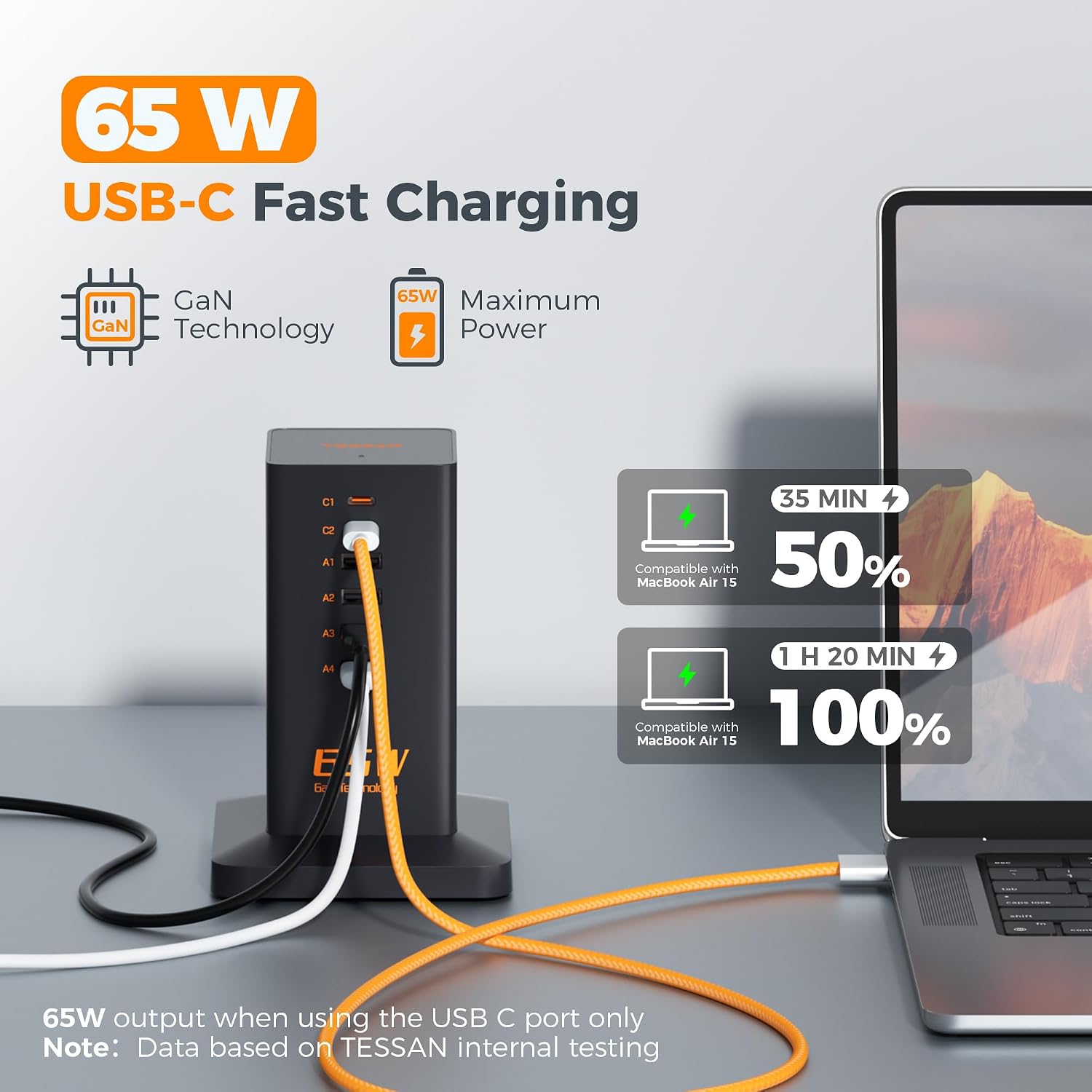 Thumbnail 2 de TESSAN 65W GaN 6-Port USB charger hub