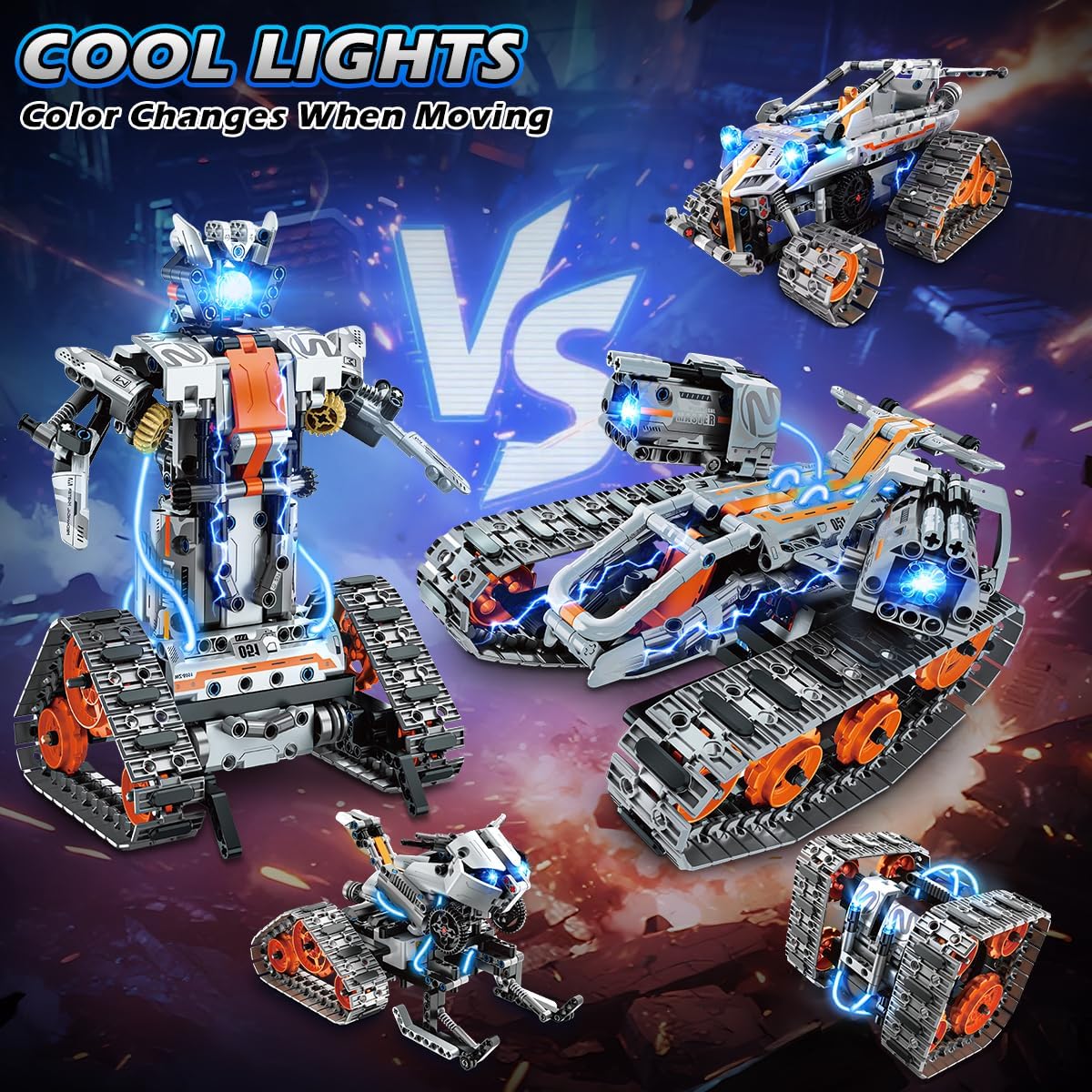 Detalle 2 de PLAXSOON Technik Bauspielzeug 5‑in‑1: RC Panzer, Roboter & Co. mit LED, 604 Teile